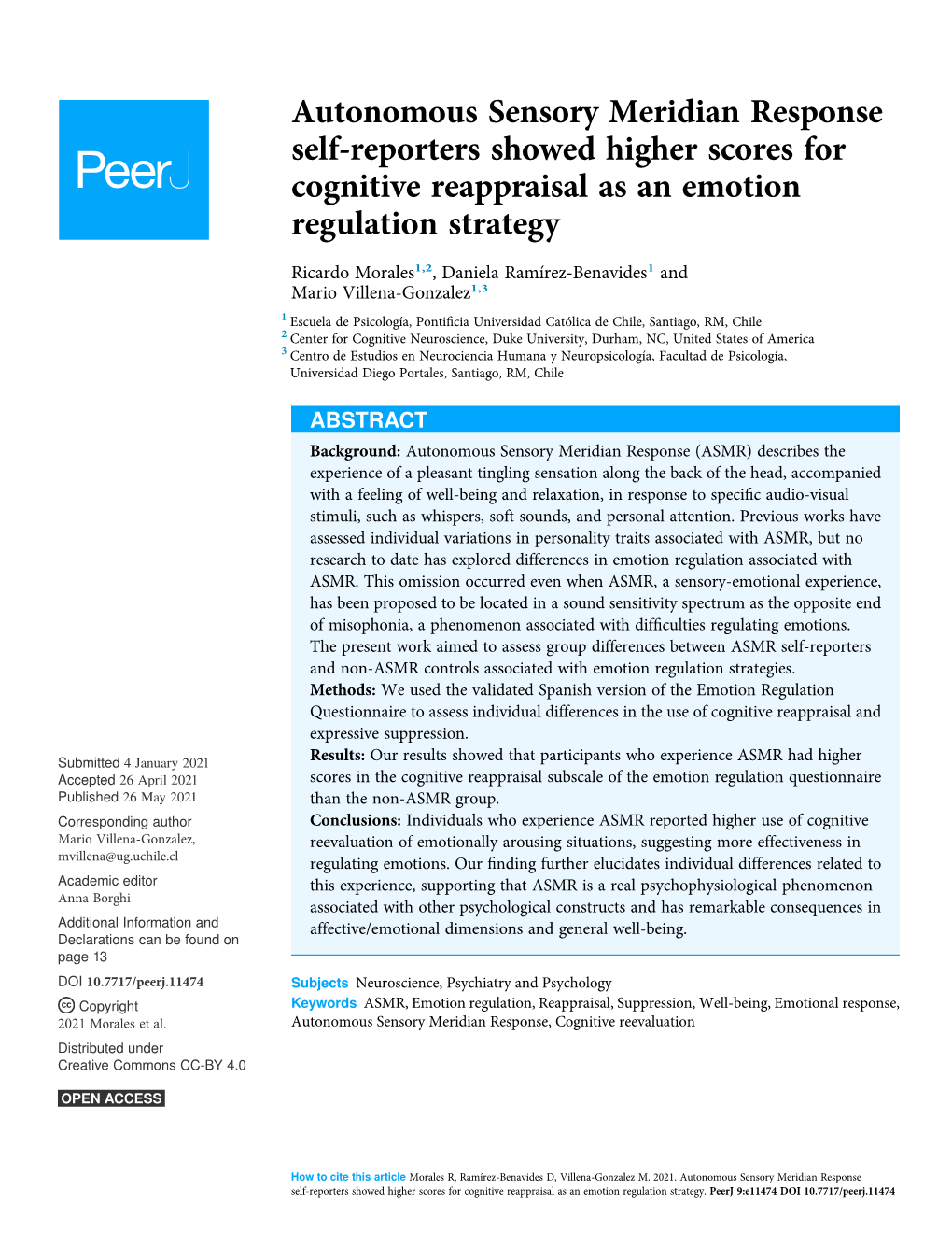 Autonomous Sensory Meridian Response Self-Reporters Showed Higher Scores for Cognitive Reappraisal As an Emotion Regulation Strategy