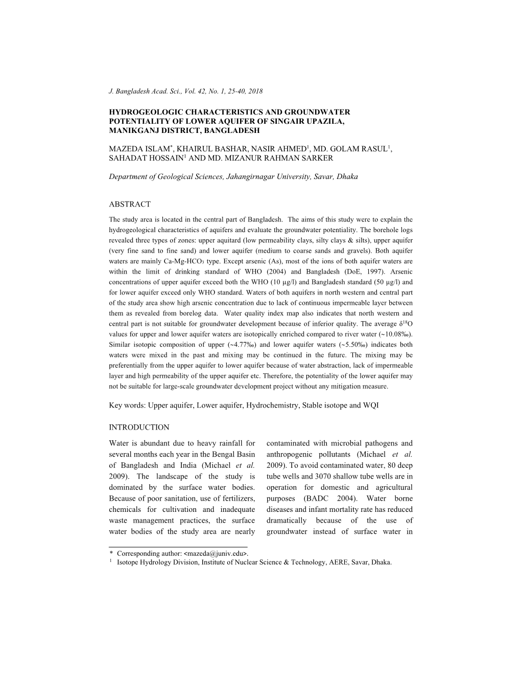 Hydrogeologic Characteristics and Groundwater Potentiality of Lower Aquifer of Singair Upazila, Manikganj District, Bangladesh