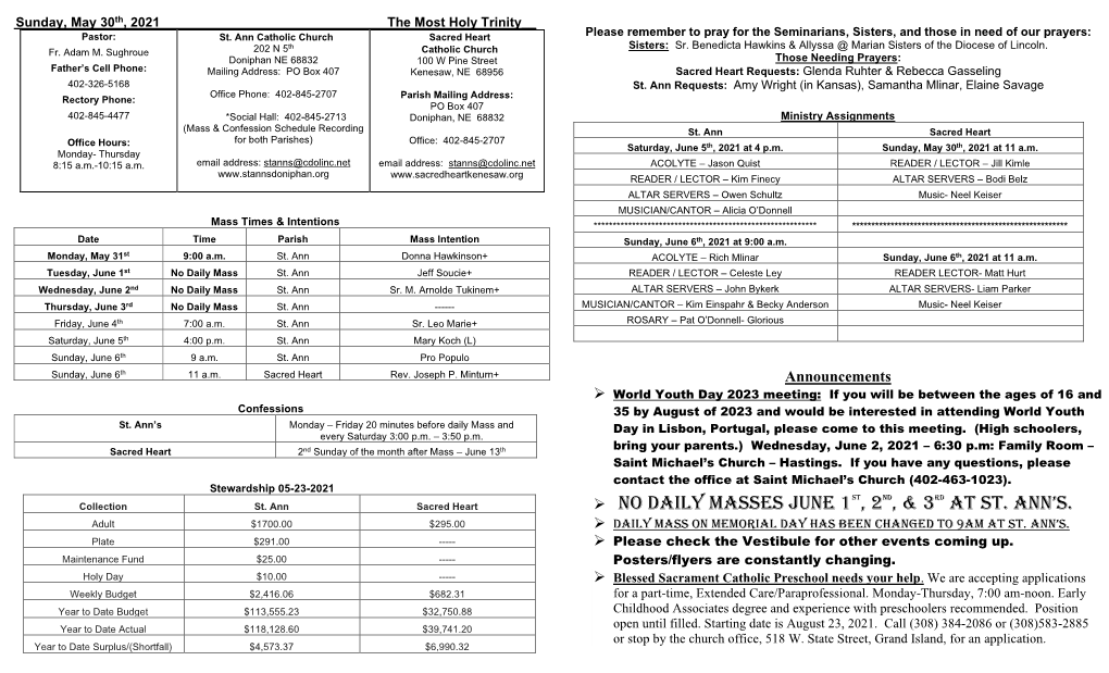 NO Daily Masses June 1St, 2Nd, & 3Rd at St. Ann's