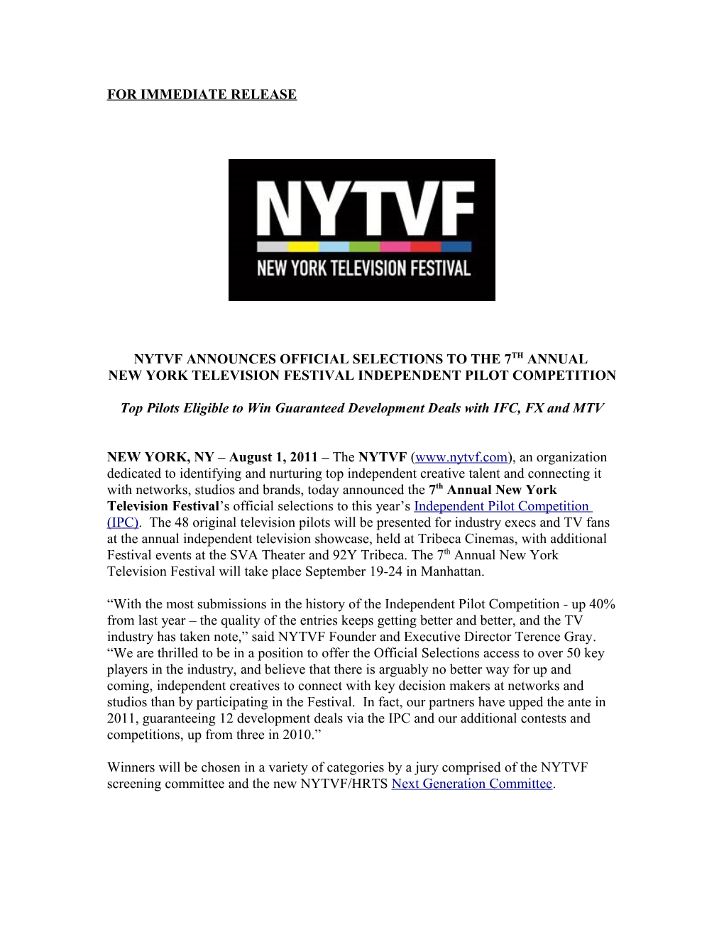 New York Television Festival Announces Official