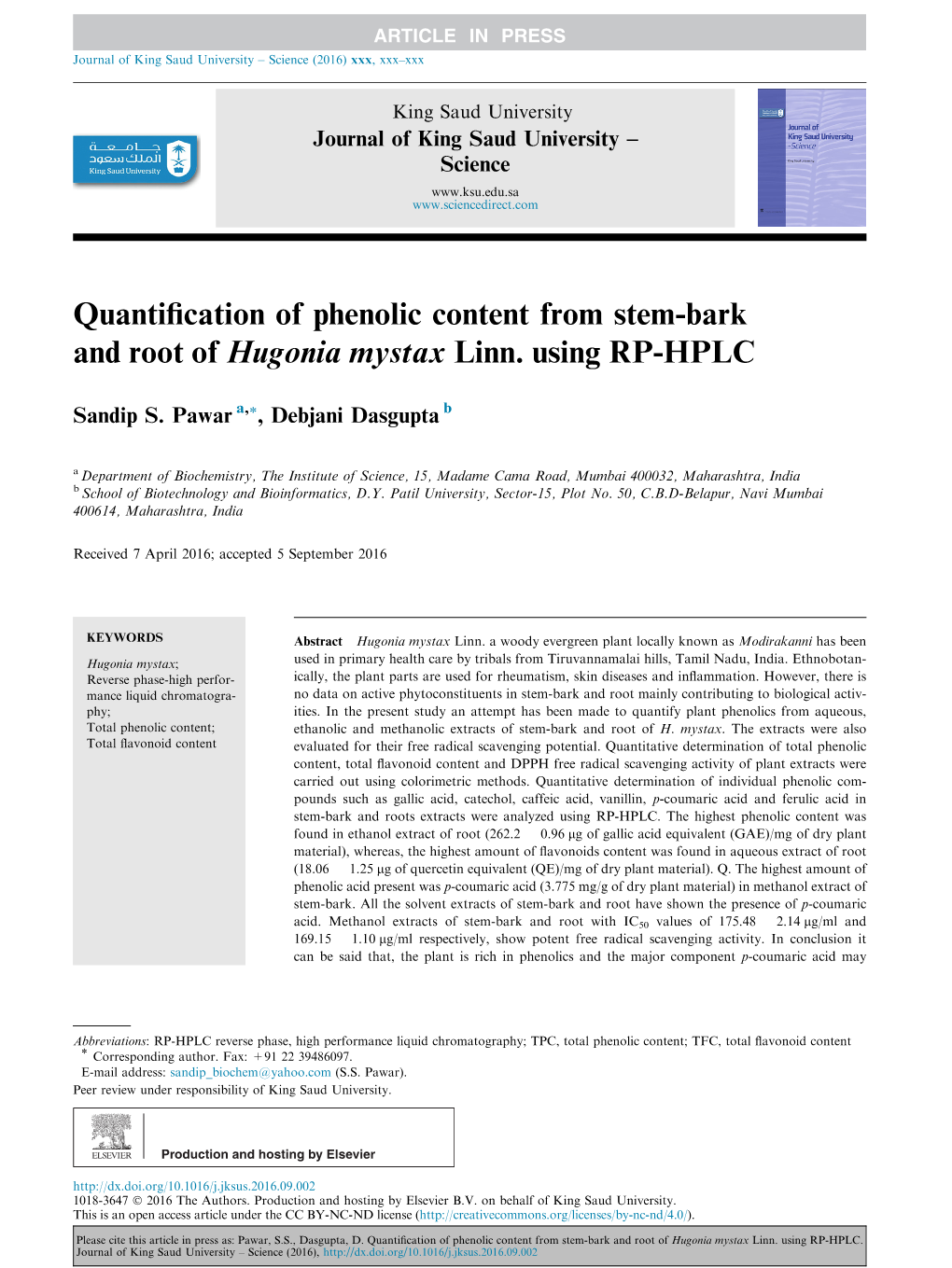 Quantification of Phenolic Content from Stem-Bark and Root of Hugonia