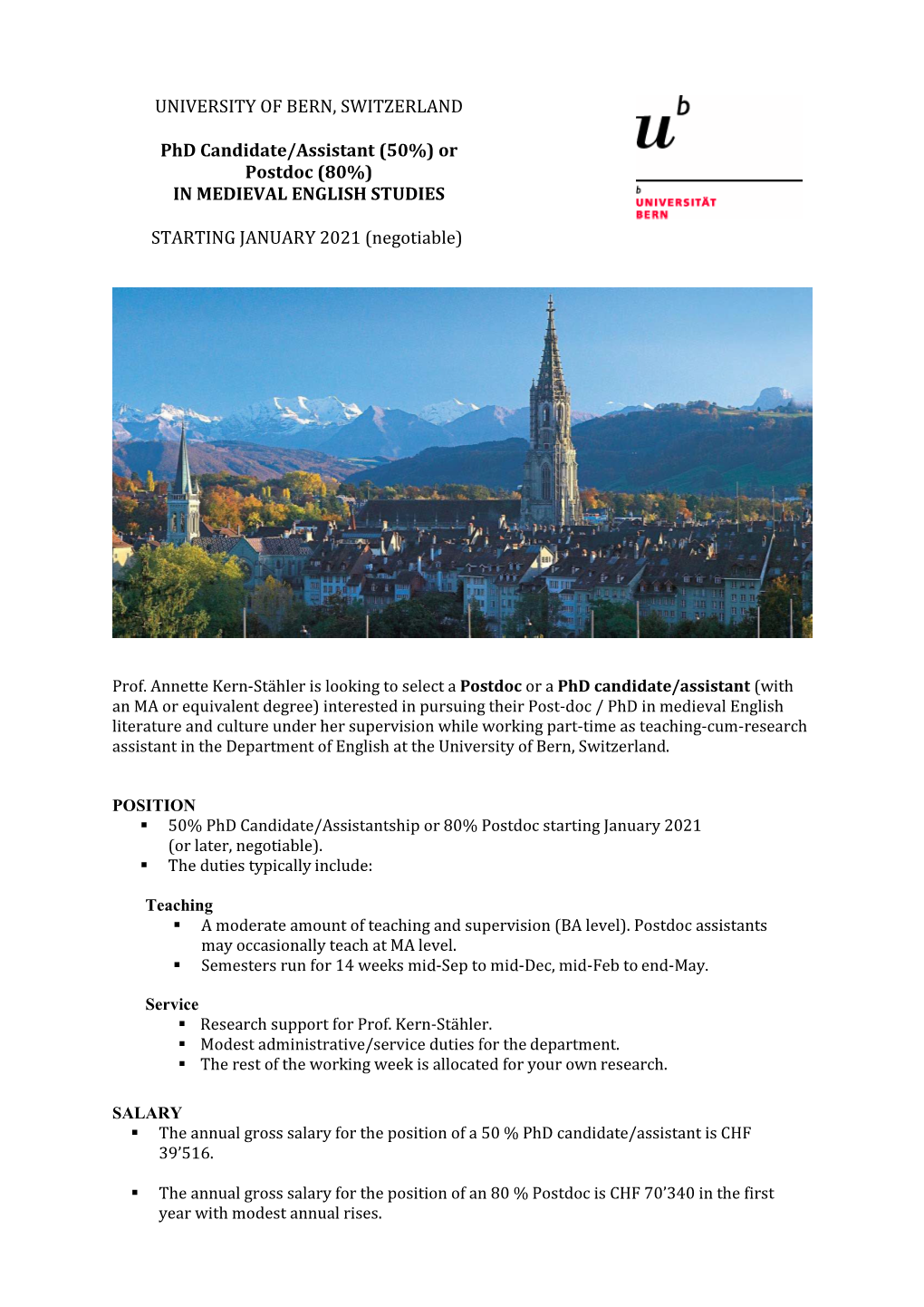 UNIVERSITY of BERN, SWITZERLAND Phd Candidate