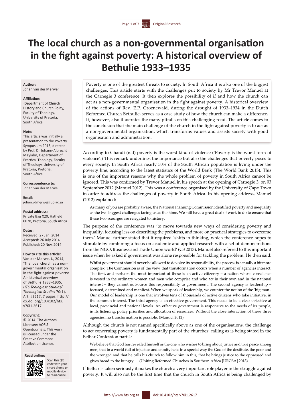 The Local Church As a Non-Governmental Organisation in the Fight Against Poverty: a Historical Overview of Bethulie 1933–1935