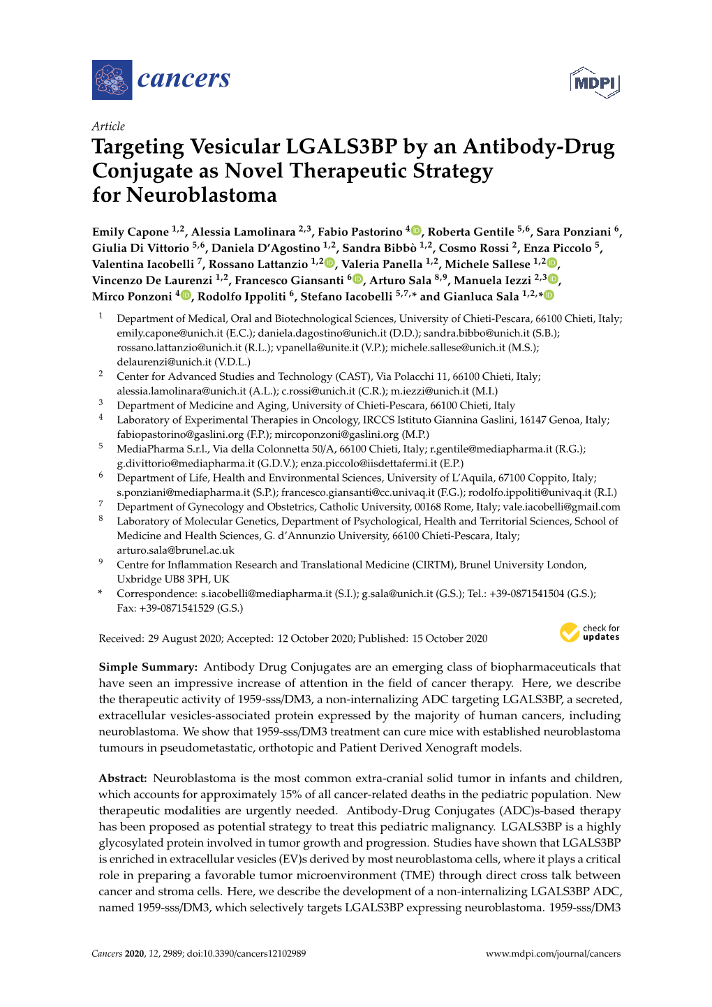 Targeting Vesicular LGALS3BP by an Antibody-Drug Conjugate As Novel Therapeutic Strategy for Neuroblastoma