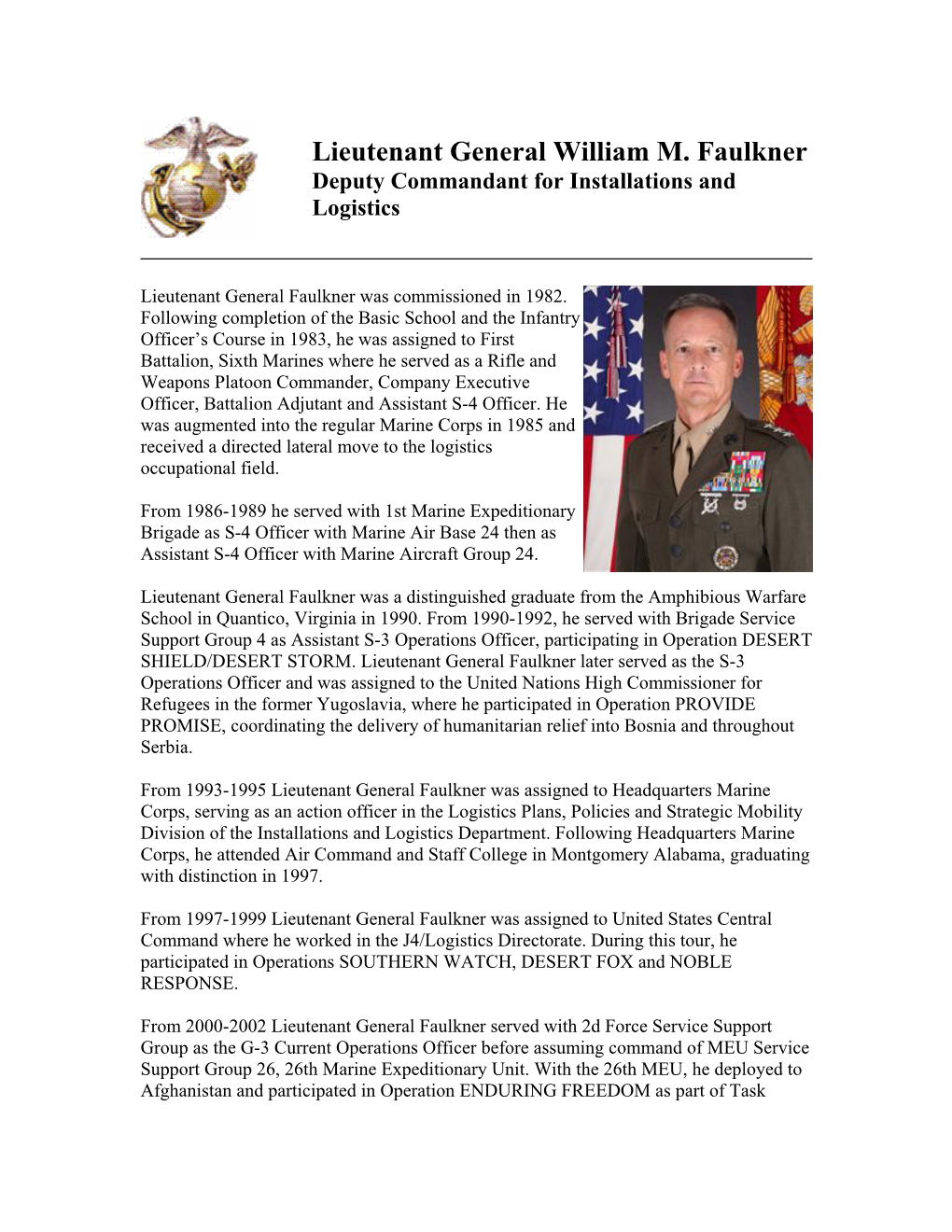 Official Biography: Lieutenant General William M. Faulkner