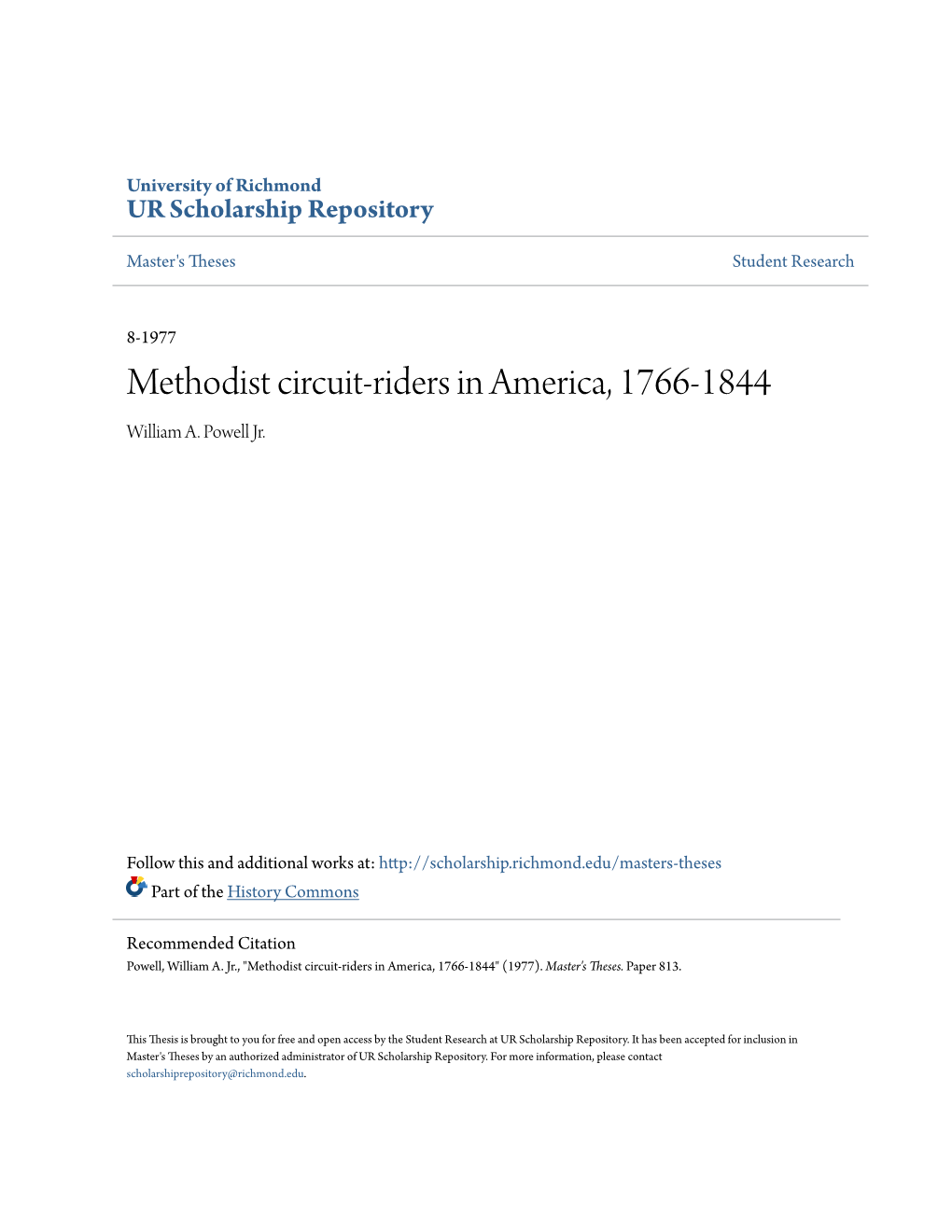 Methodist Circuit-Riders in America, 1766-1844 William A