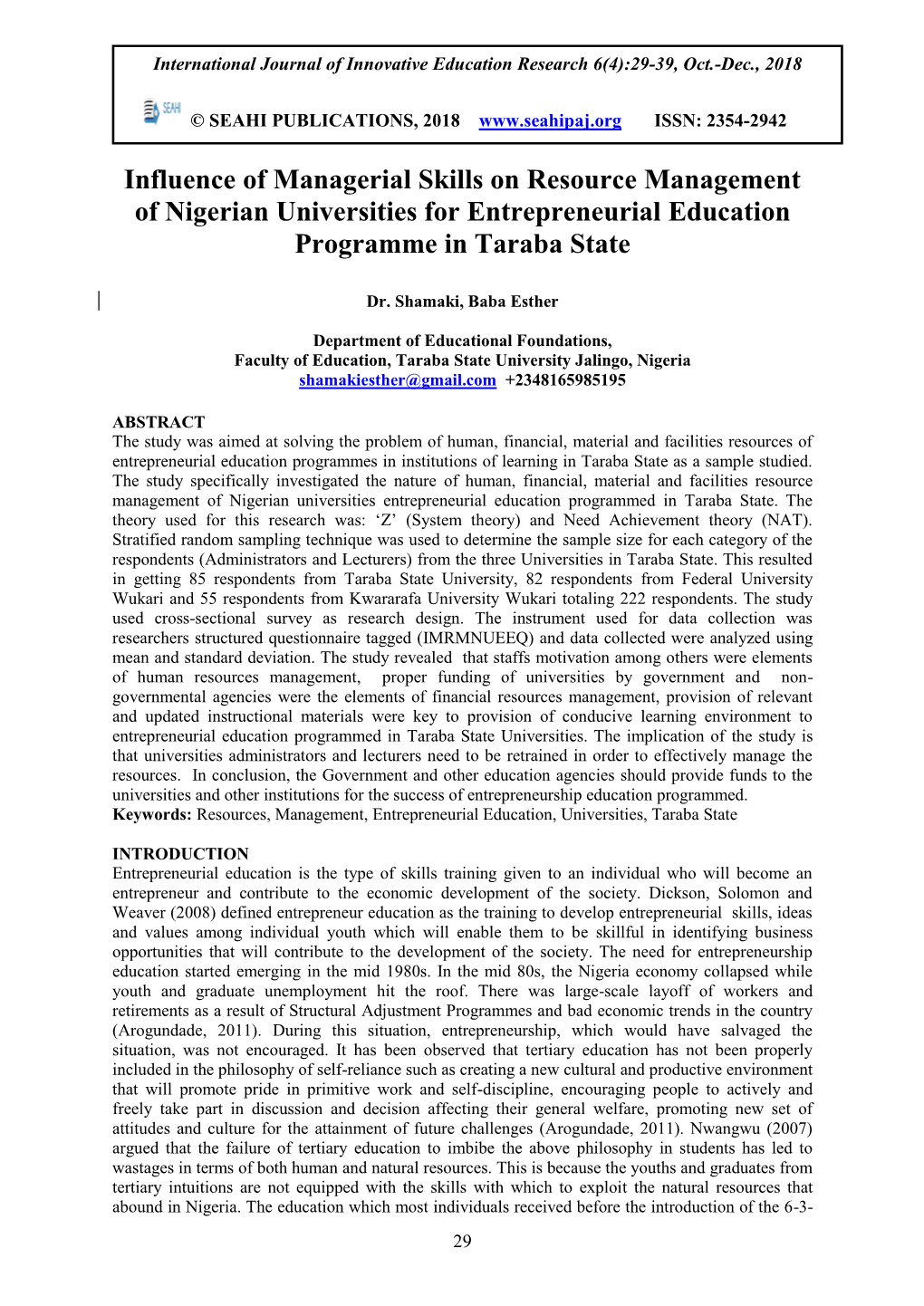 Influence of Managerial Skills on Resource Management of Nigerian Universities for Entrepreneurial Education Programme in Taraba State