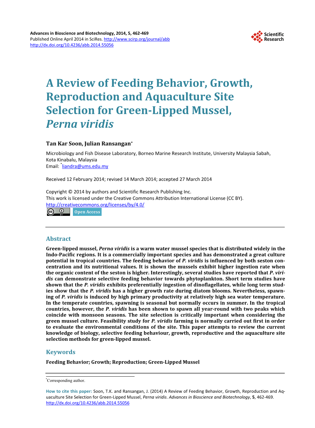 A Review of Feeding Behavior, Growth, Reproduction and Aquaculture Site Selection for Green-Lipped Mussel, Perna Viridis