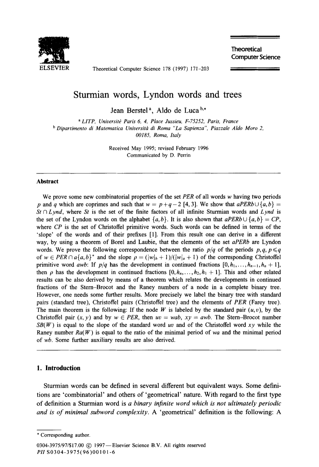 Sturmian Words, Lyndon Words and Trees