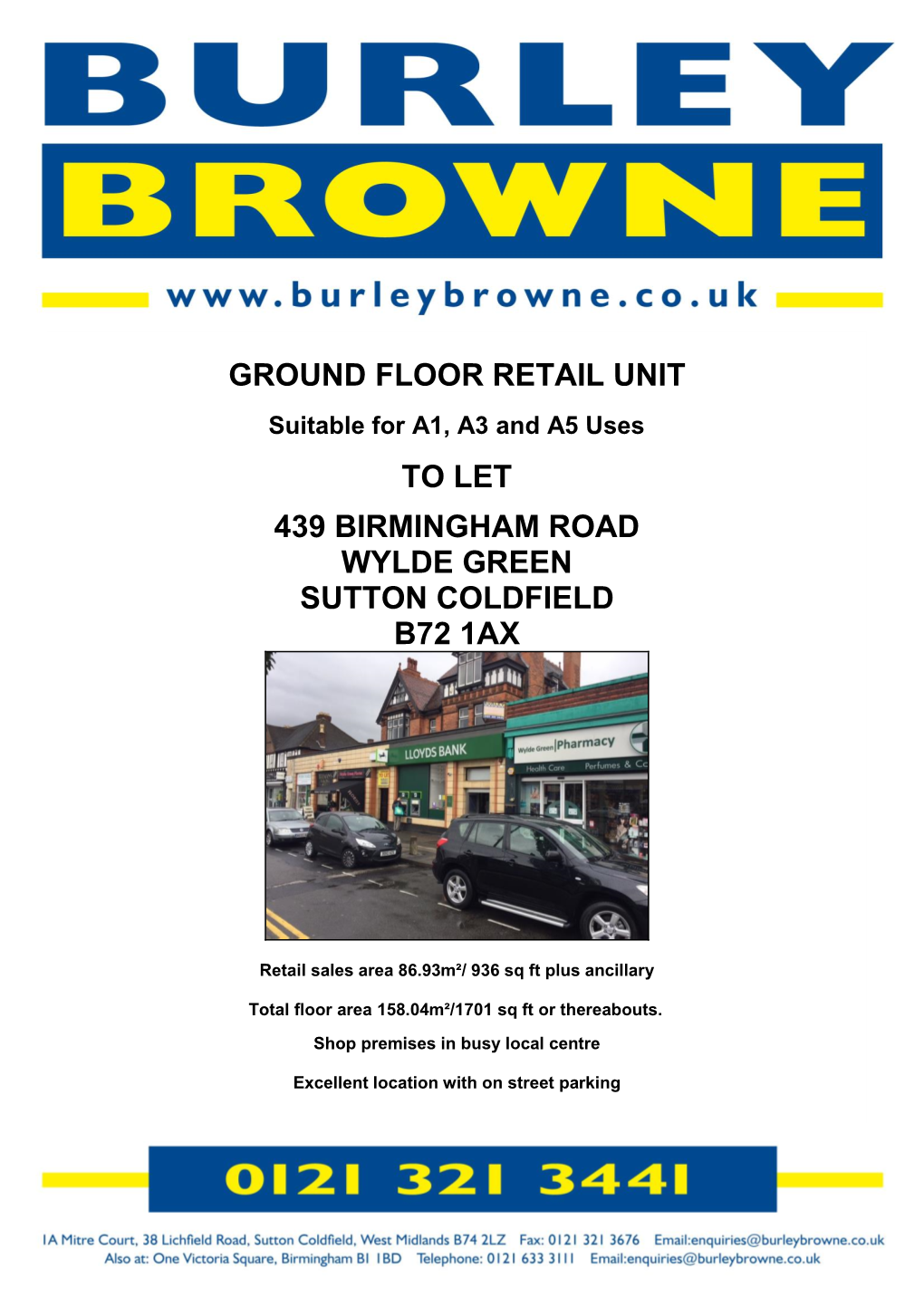 Ground Floor Retail Unit to Let 439 Birmingham Road