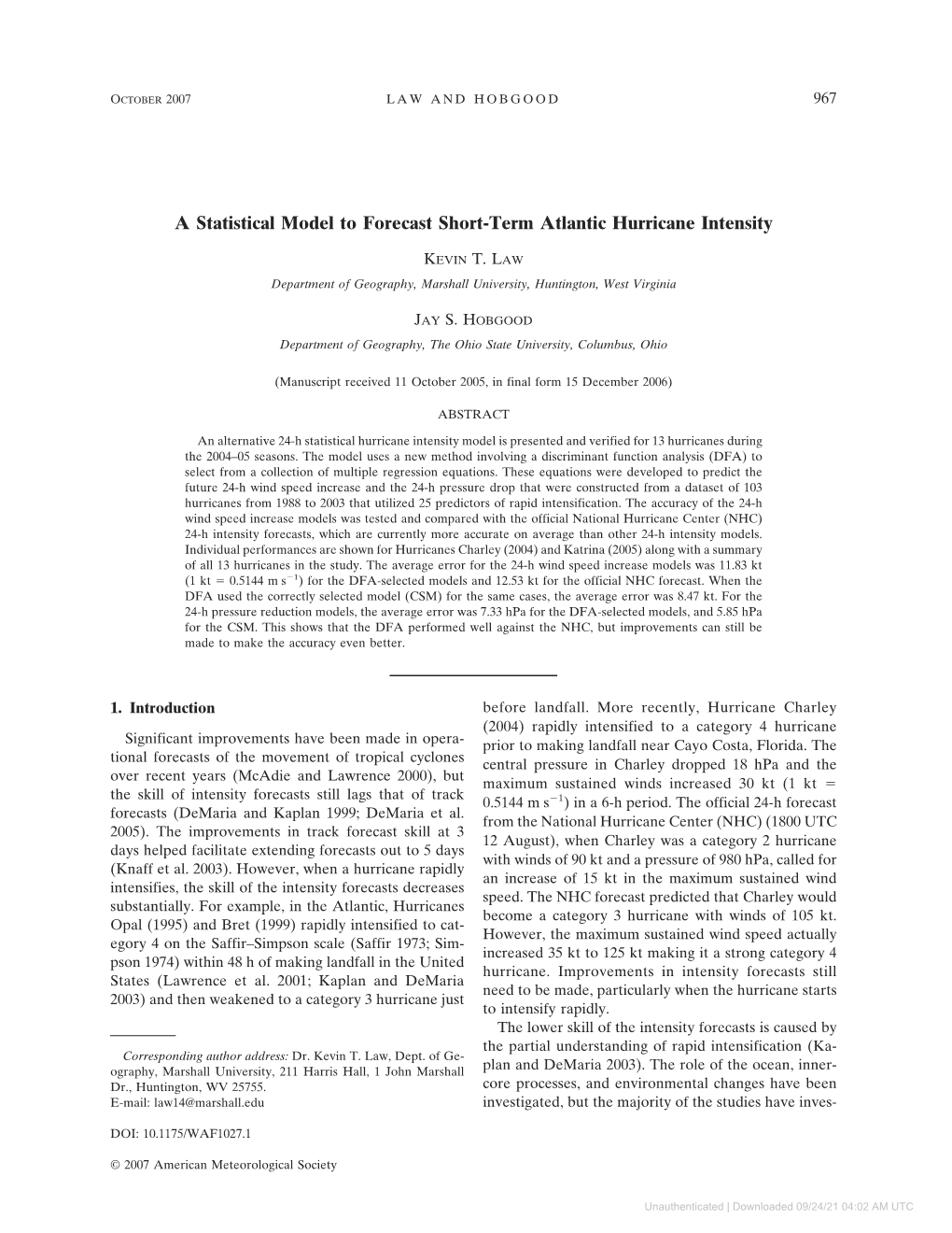 A Statistical Model to Forecast Short-Term Atlantic Hurricane Intensity