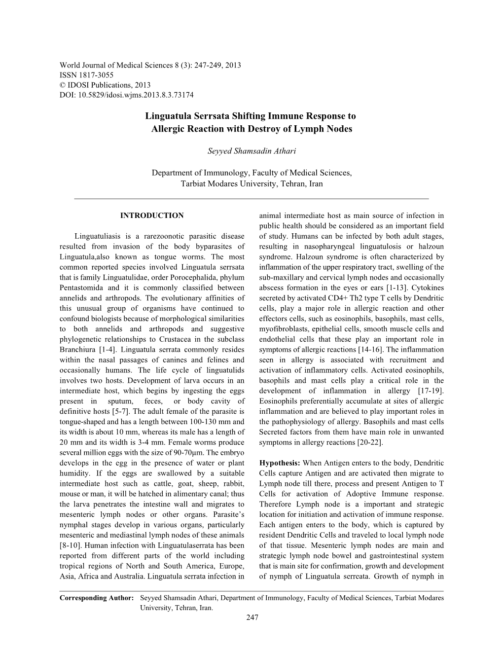 Linguatula Serrsata Shifting Immune Response to Allergic Reaction with Destroy of Lymph Nodes