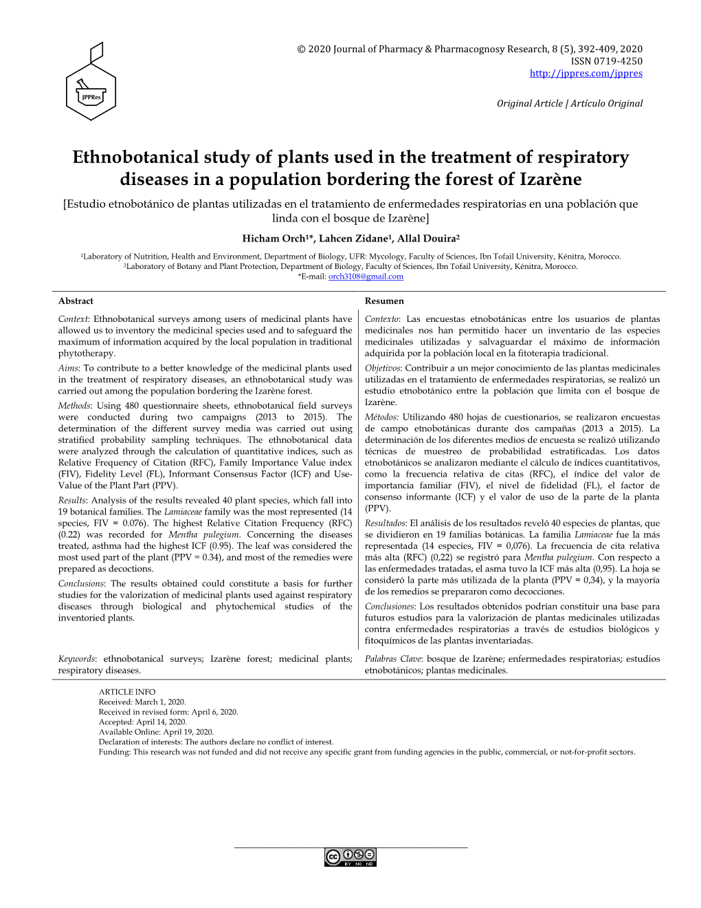 Ethnobotanical Study of Plants Used in the Treatment of Respiratory