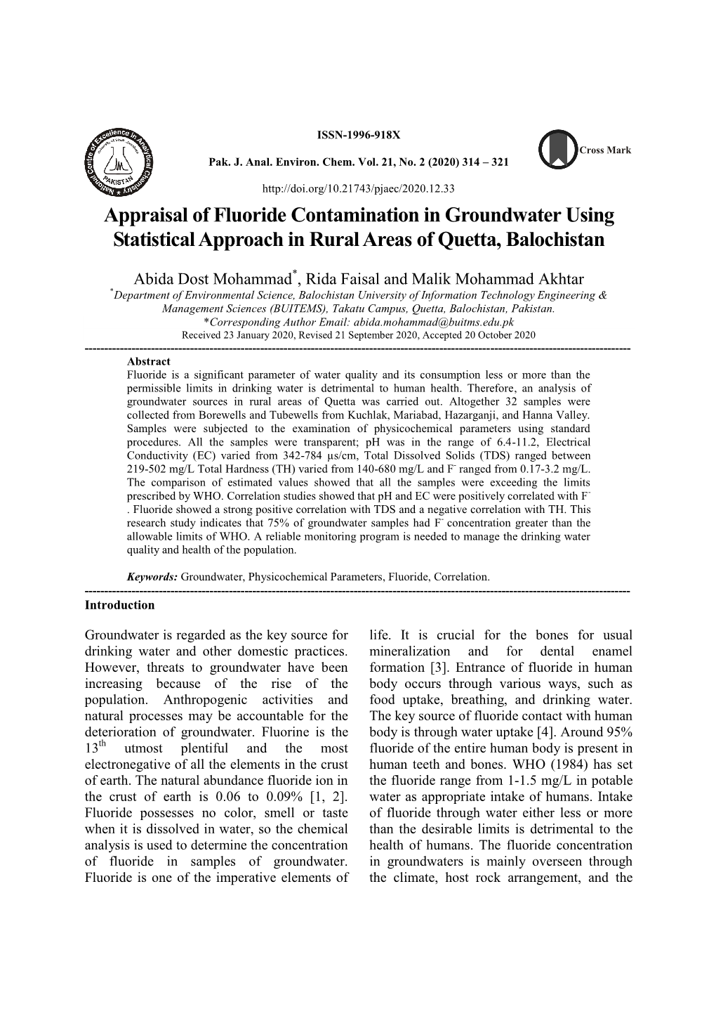 Appraisal of Fluoride Contamination in Groundwater Using Statistical Approach in Rural Areas of Quetta, Balochistan