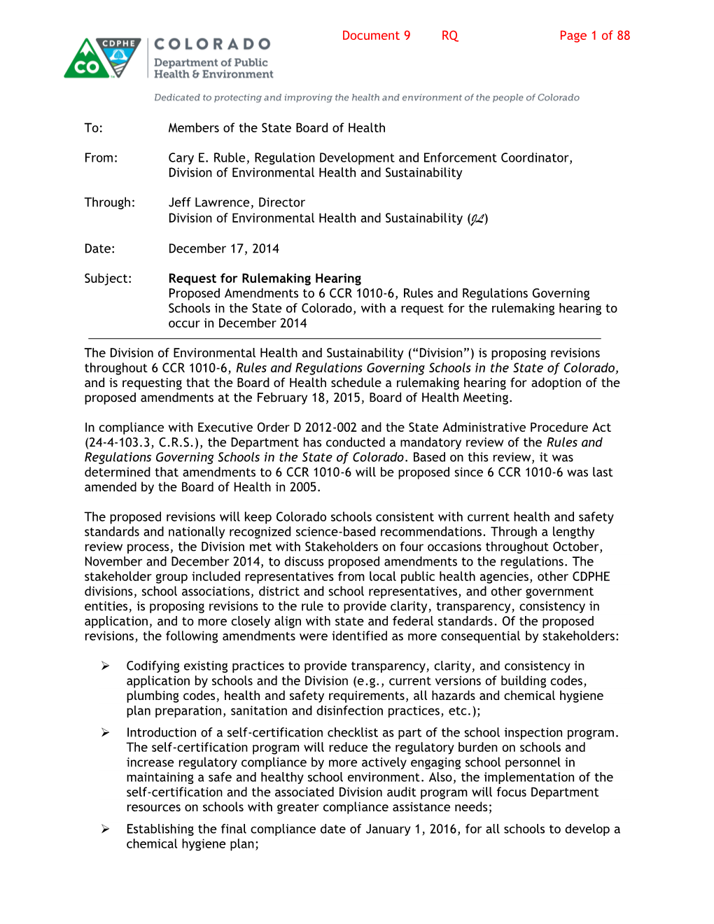 Rules and Regulations Governing Schools in the State of Colorado, with a Request for the Rulemaking Hearing to Occur in December 2014