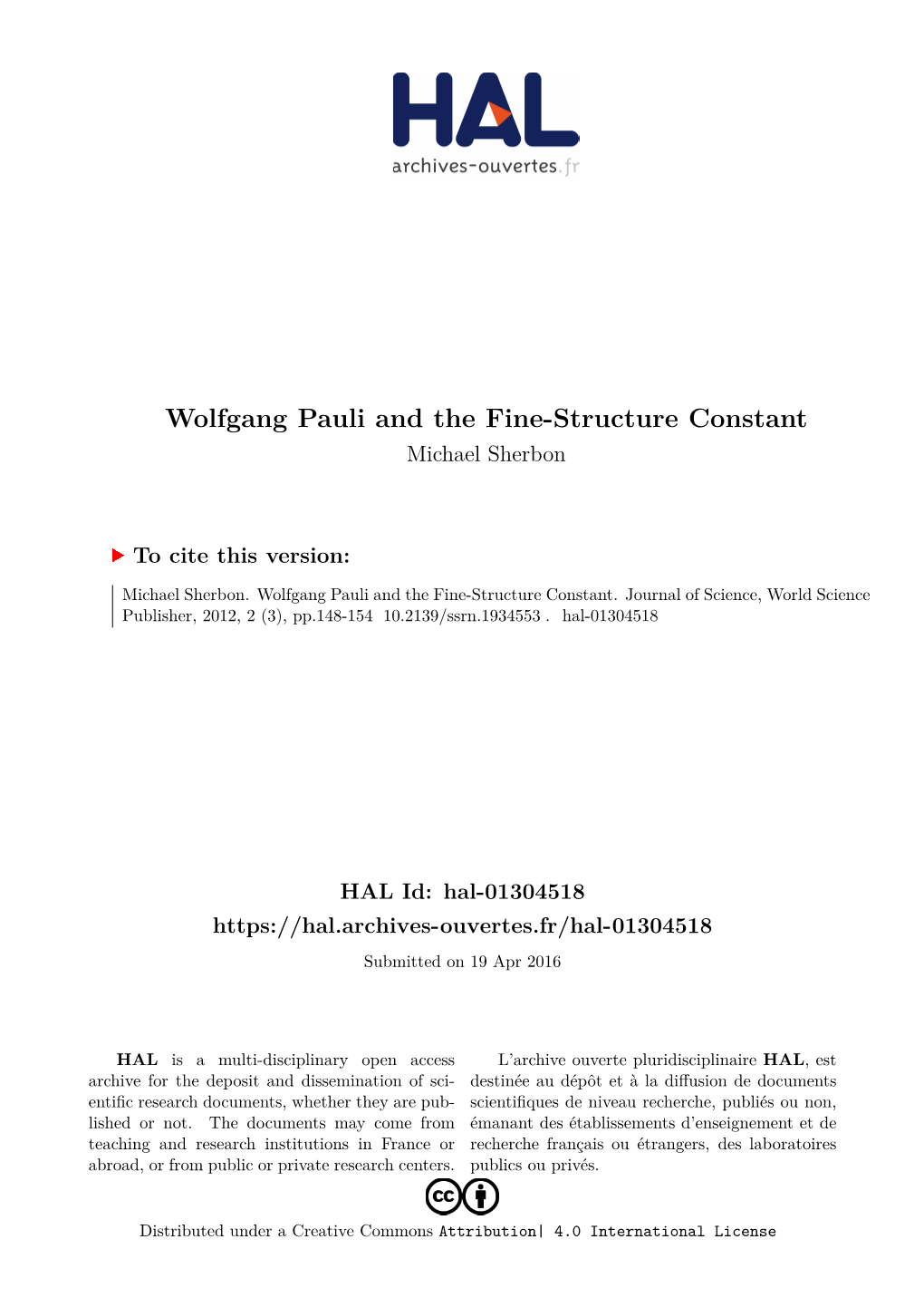 Wolfgang Pauli and the Fine-Structure Constant Michael Sherbon