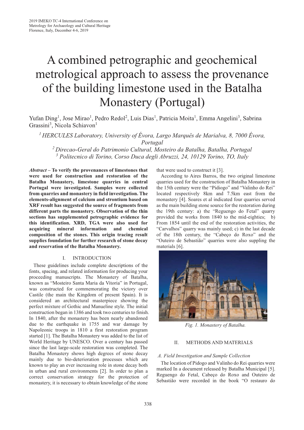 A Combined Petrographic and Geochemical Metrological Approach to Assess the Provenance of the Building Limestone Used in the Batalha Monastery (Portugal)