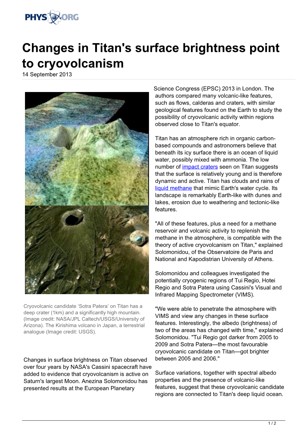 Changes in Titan's Surface Brightness Point to Cryovolcanism 14 September 2013