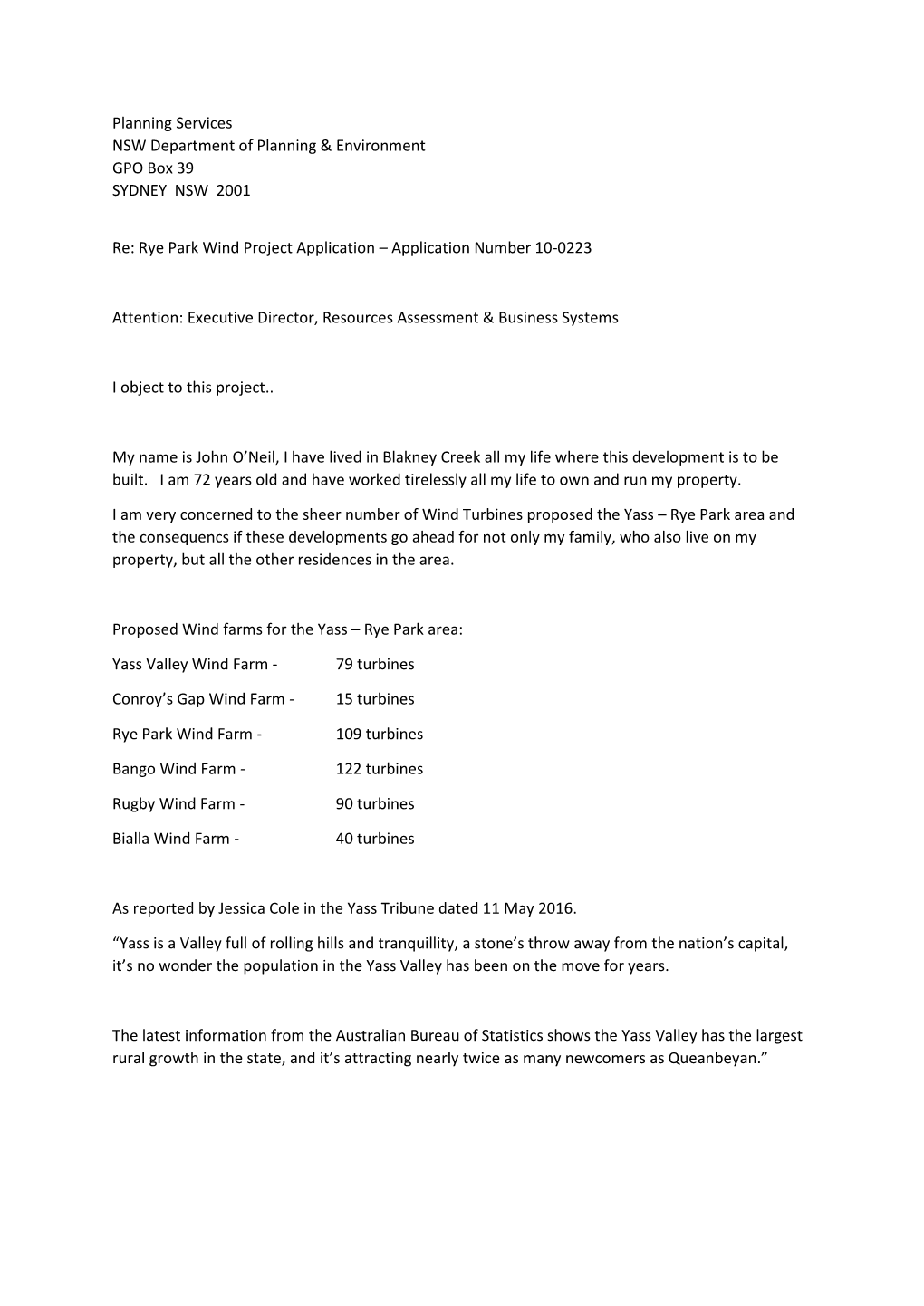 Rye Park Wind Project Application – Application Number 10-0223