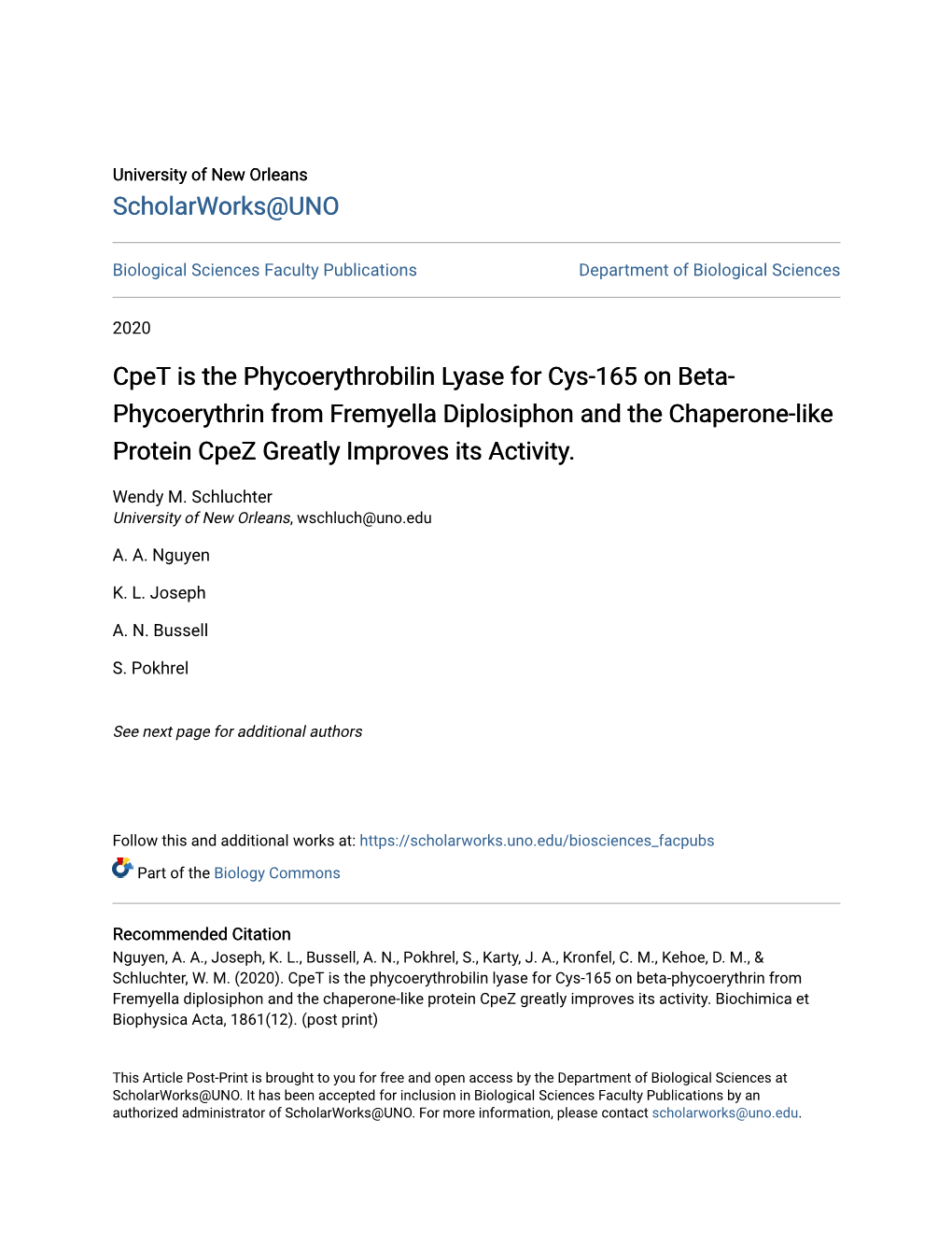 Cpet Is the Phycoerythrobilin Lyase for Cys-165 on Beta-Phycoerythrin from Fremyella Diplosiphon and the Chaperone-Like Protein Cpez Greatly Improves Its Activity