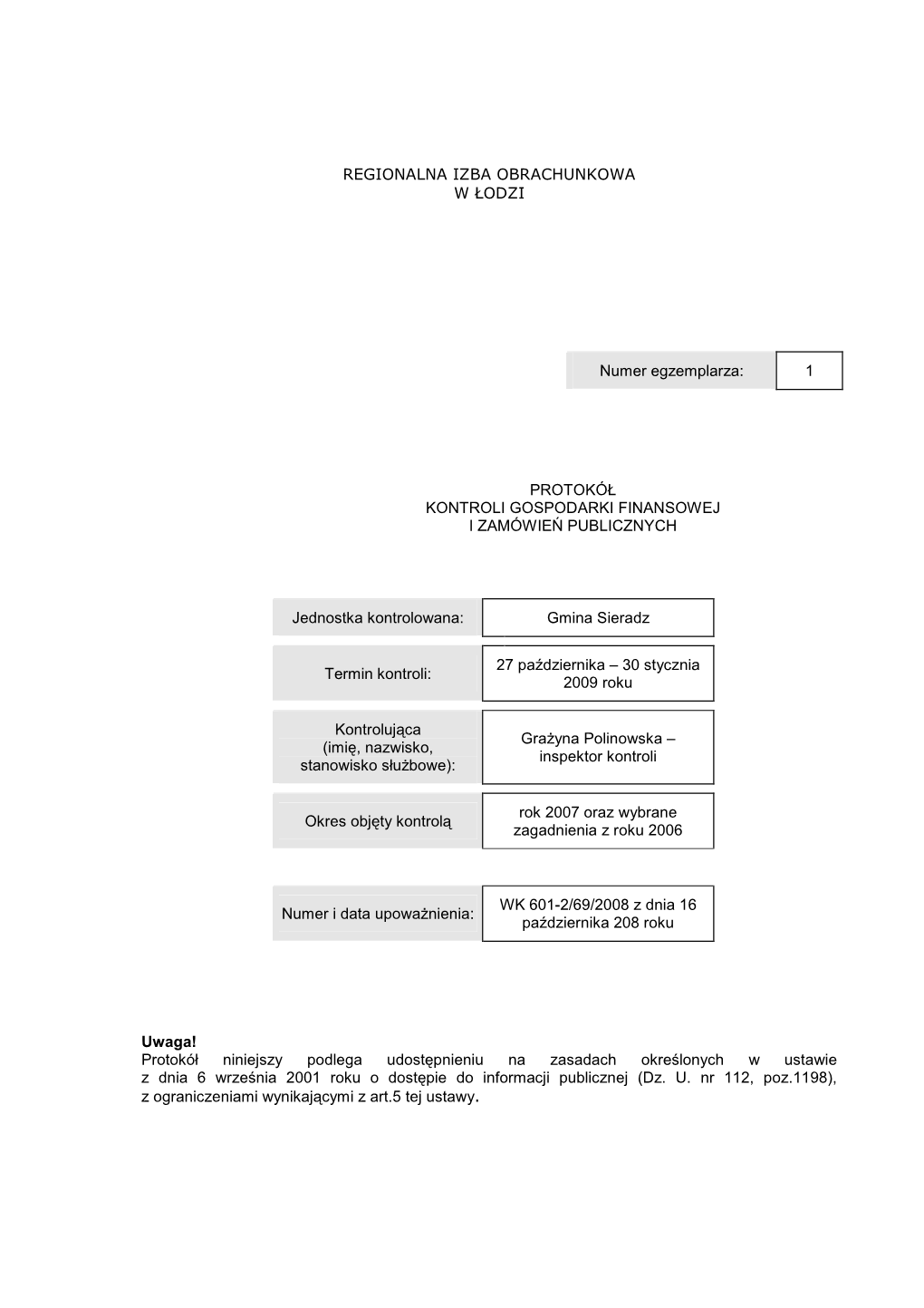 1 Protokół Kontroli Gospodarki Finansowej I