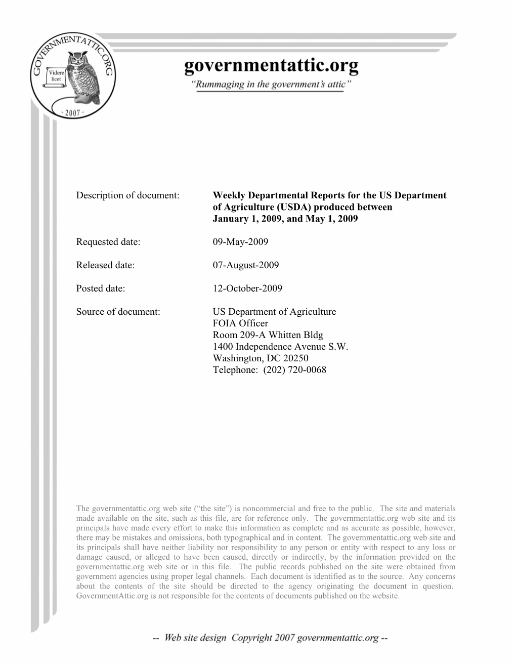 Weekly Departmental Reports for the US Department of Agriculture (USDA) Produced Between January 1, 2009, and May 1, 2009