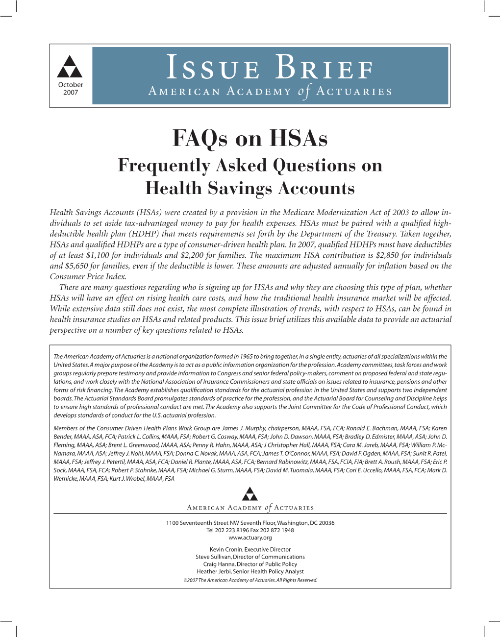 Frequently Asked Questions About Health Savings Accounts (October 2007 Issue Brief)