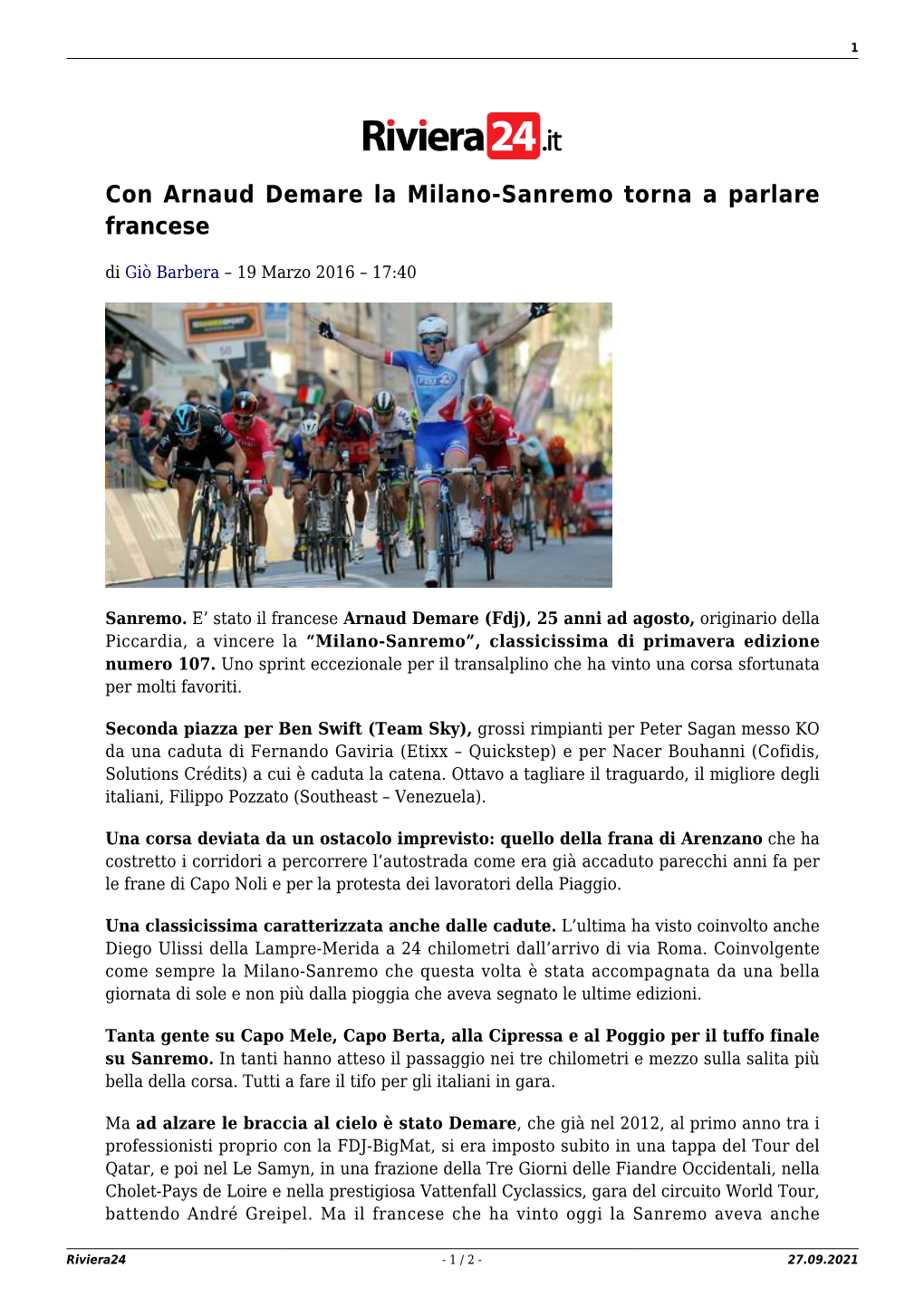 Con Arnaud Demare La Milano-Sanremo Torna a Parlare Francese