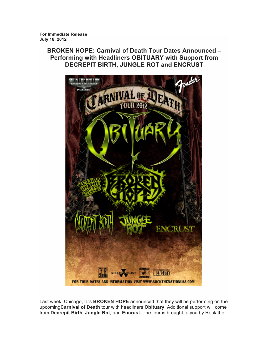 BROKEN HOPE: Carnival of Death Tour Dates Announced – Performing with Headliners OBITUARY with Support from DECREPIT BIRTH, JUNGLE ROT and ENCRUST