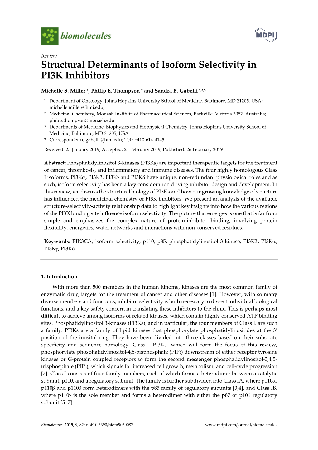 Structural Determinants of Isoform Selectivity in PI3K Inhibitors
