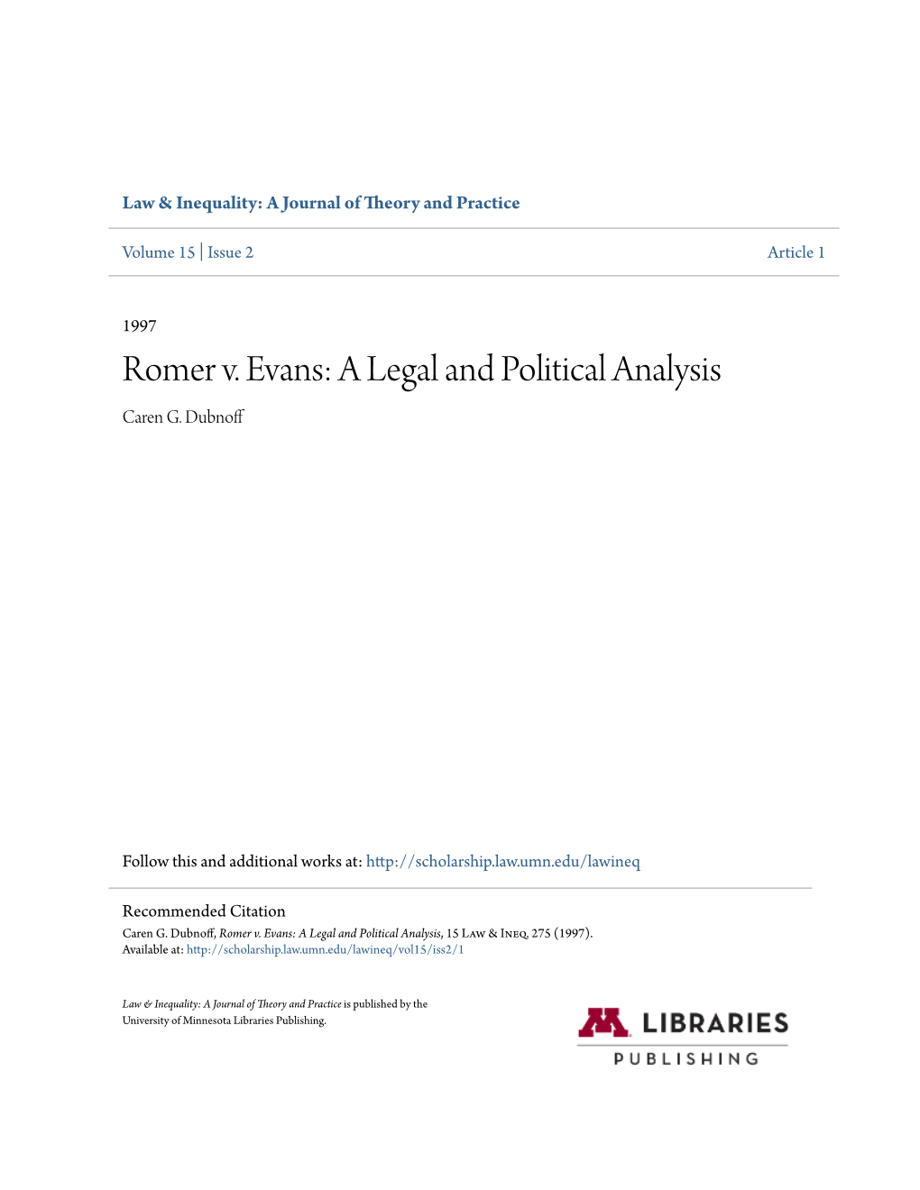 Romer V. Evans: a Legal and Political Analysis Caren G