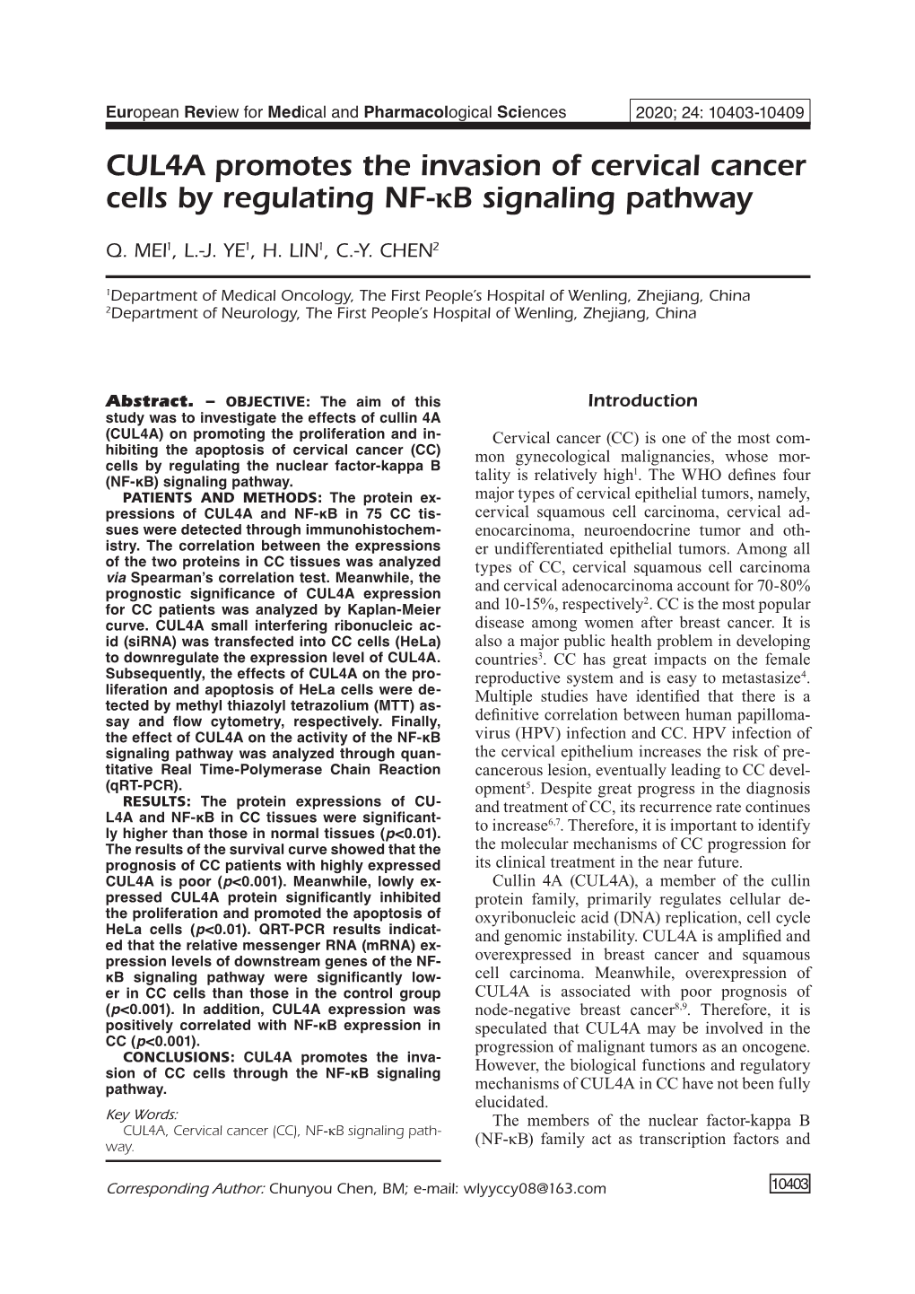 CUL4A Promotes the Invasion of Cervical Cancer Cells by Regulating NF-Κb Signaling Pathway