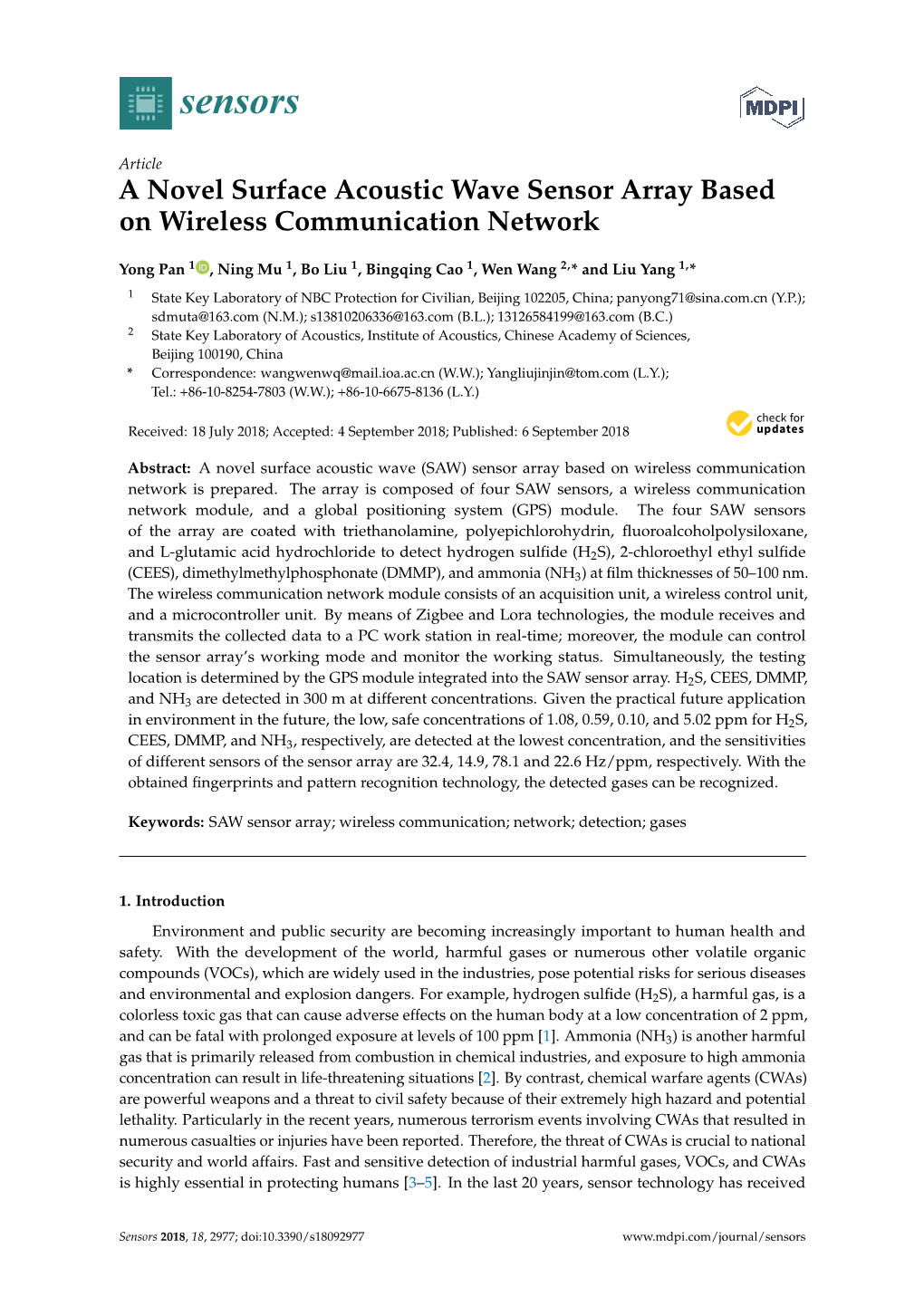 A Novel Surface Acoustic Wave Sensor Array Based on Wireless Communication Network