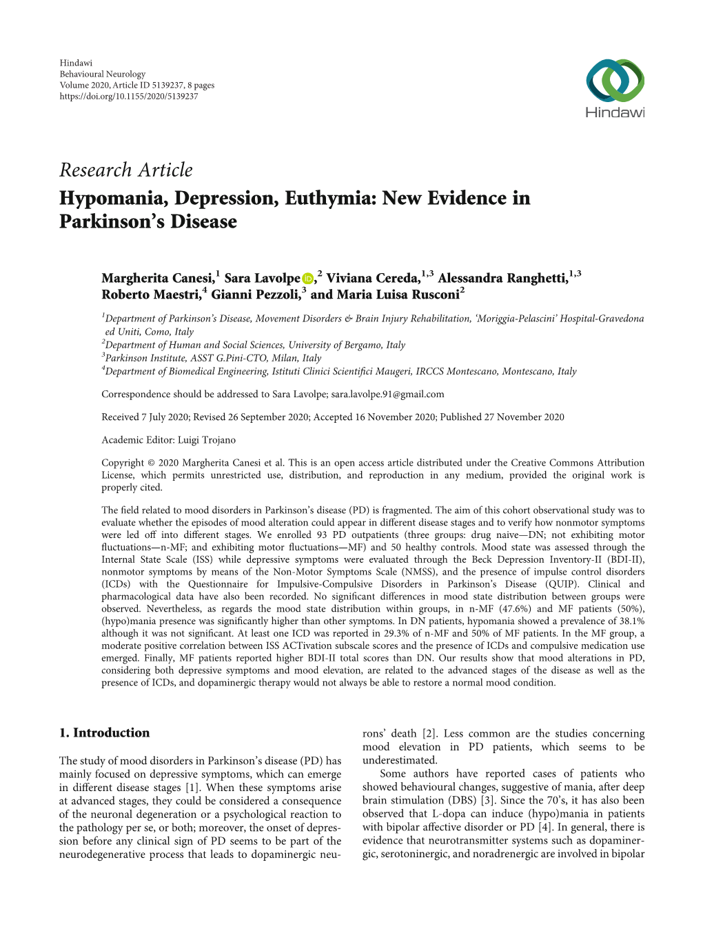 Hypomania, Depression, Euthymia: New Evidence in Parkinson's Disease