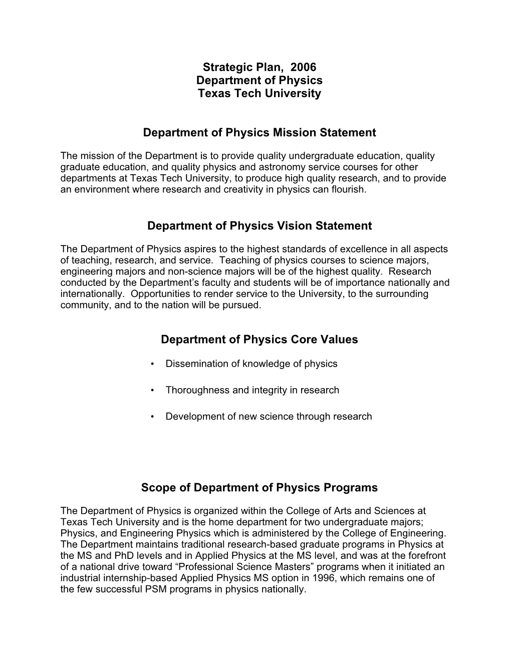 Benchmarks / Strategies / Assessment for Physics Strategic