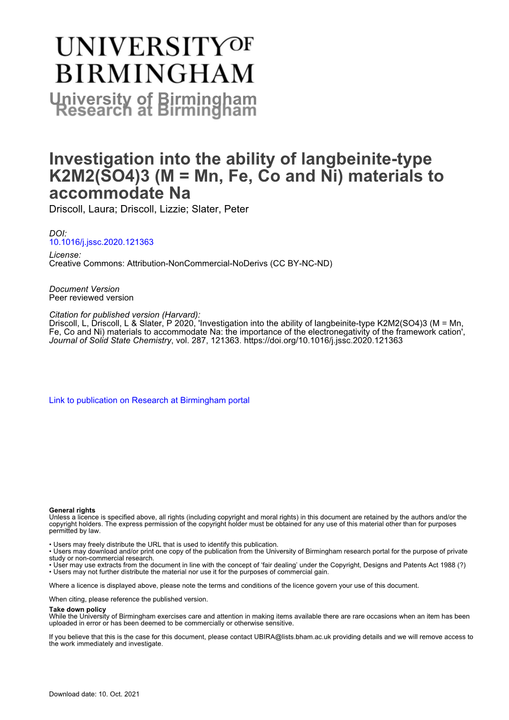 University of Birmingham Investigation Into the Ability of Langbeinite