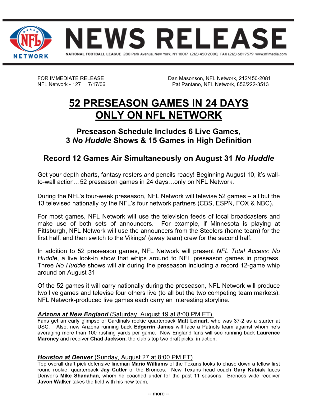 52 Preseason Games in 24 Days Only on Nfl Network