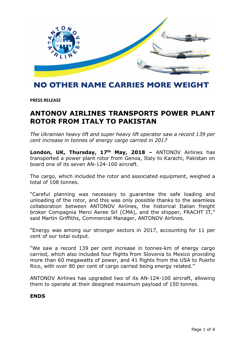 Antonov Airlines Transports Power Plant Rotor from Italy to Pakistan