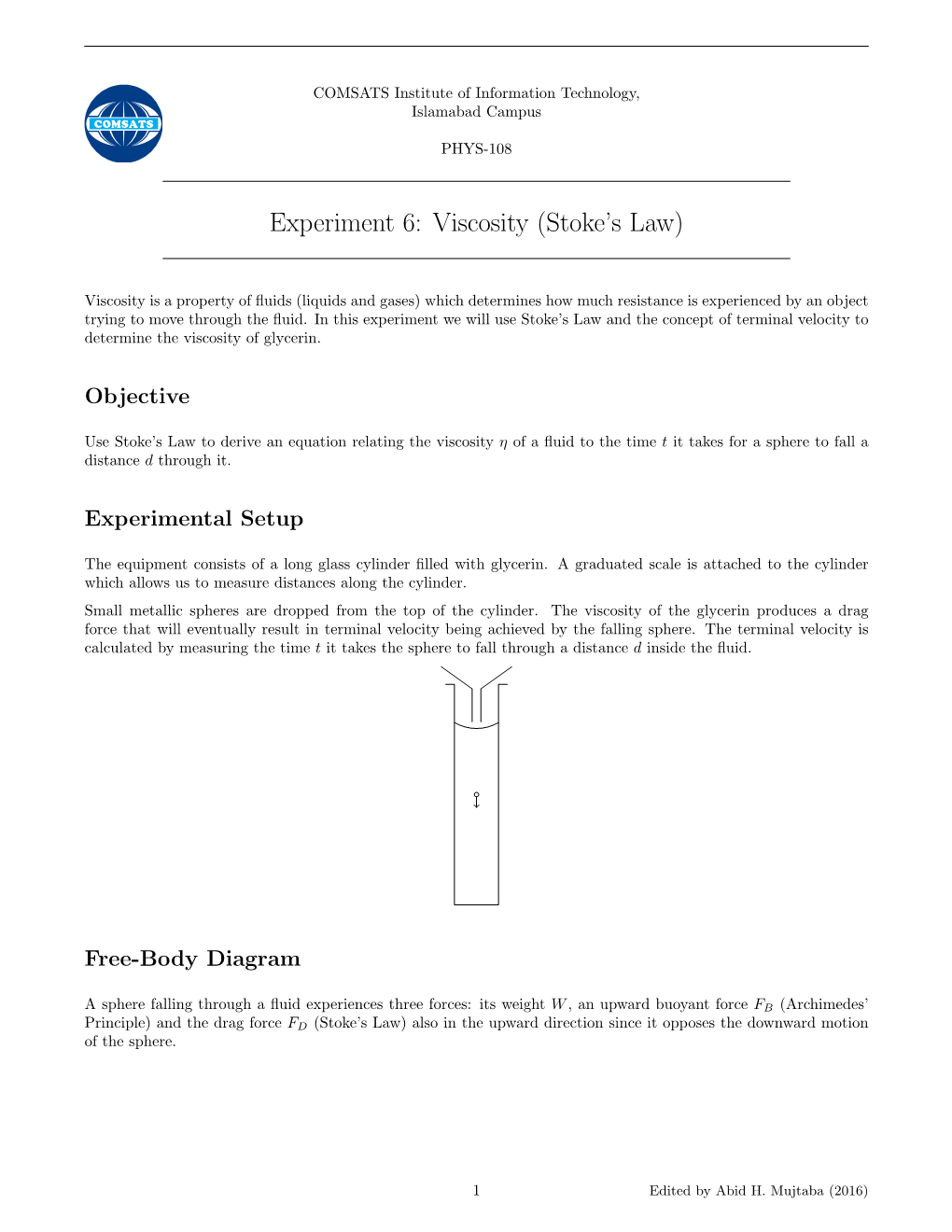 Experiment 6: Viscosity (Stoke's Law)