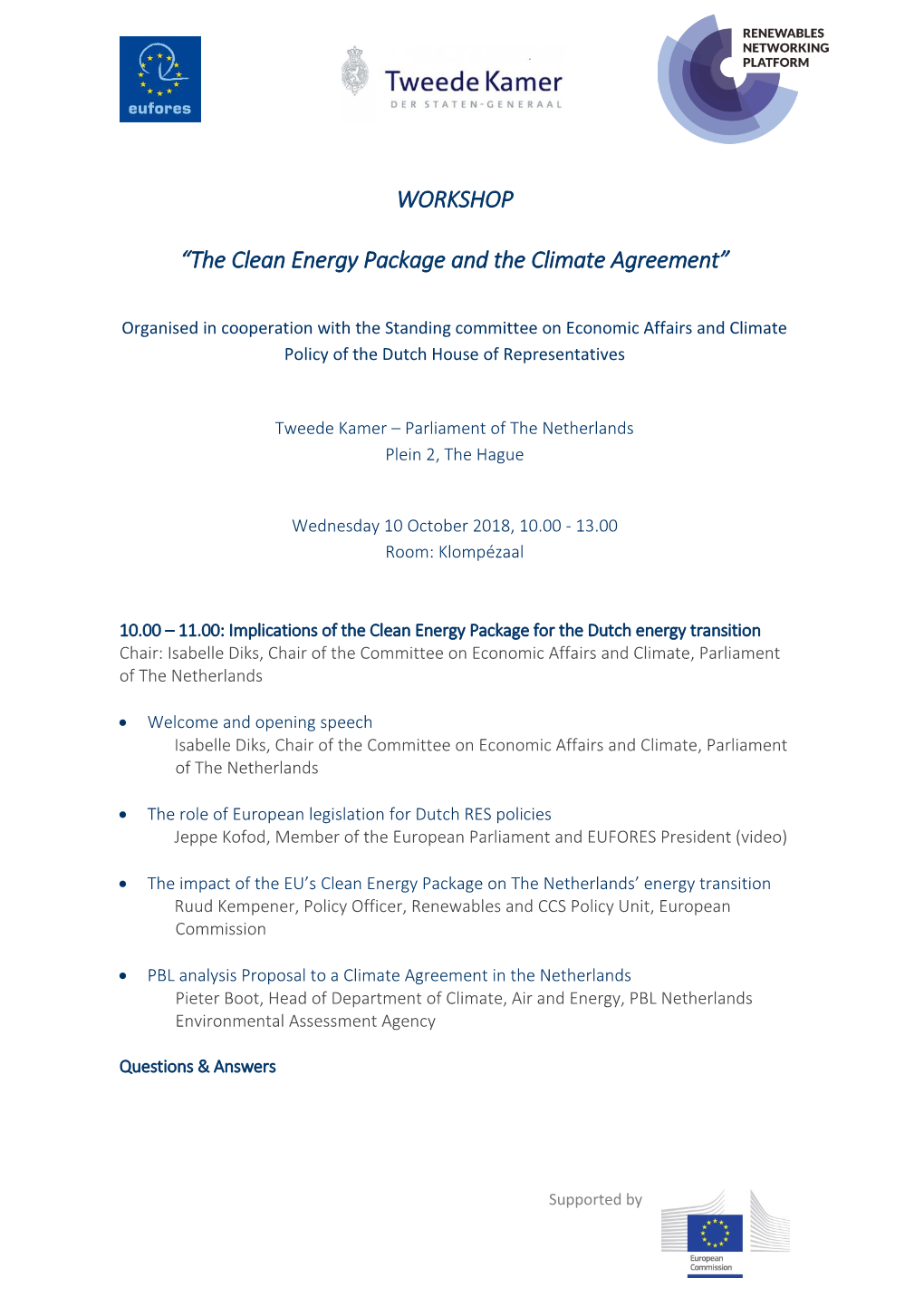 WORKSHOP “The Clean Energy Package and the Climate Agreement”