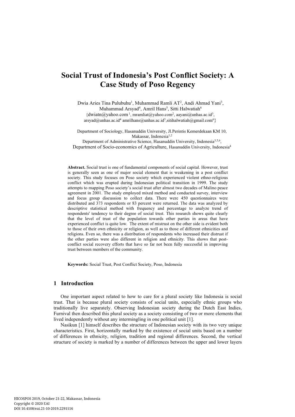 Social Trust of Indonesia's Post Conflict Society: a Case Study of Poso Regency