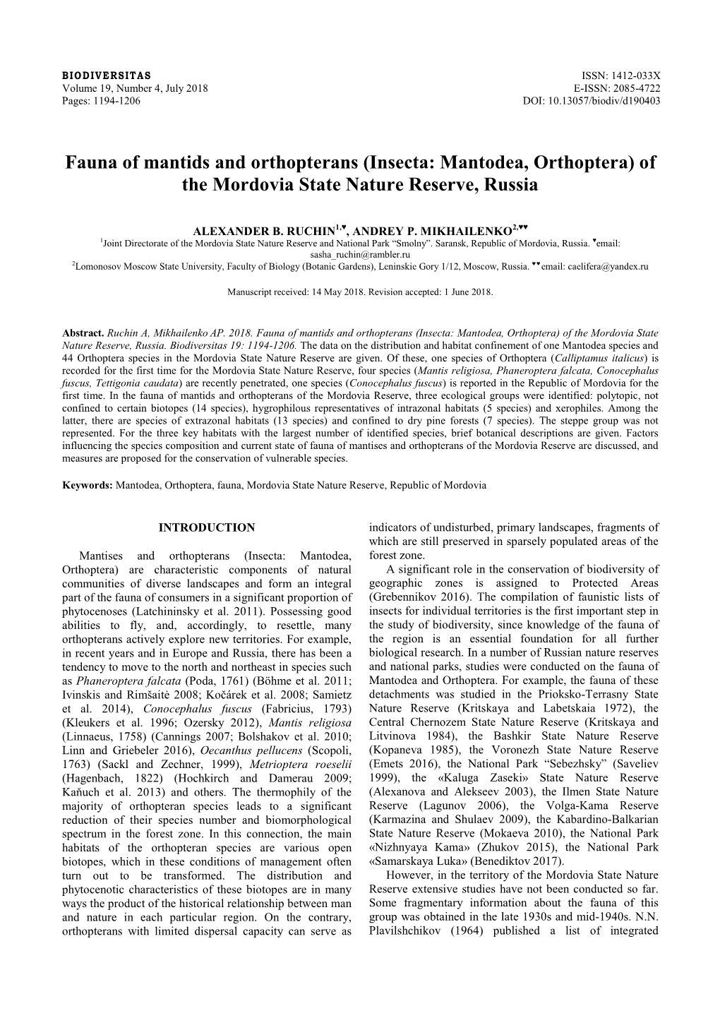 Fauna of Mantids and Orthopterans (Insecta: Mantodea, Orthoptera) of the Mordovia State Nature Reserve, Russia