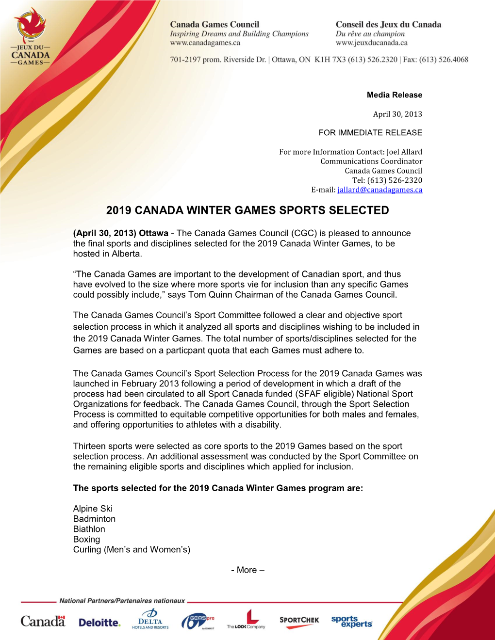 2019 Canada Winter Games Sports Selected