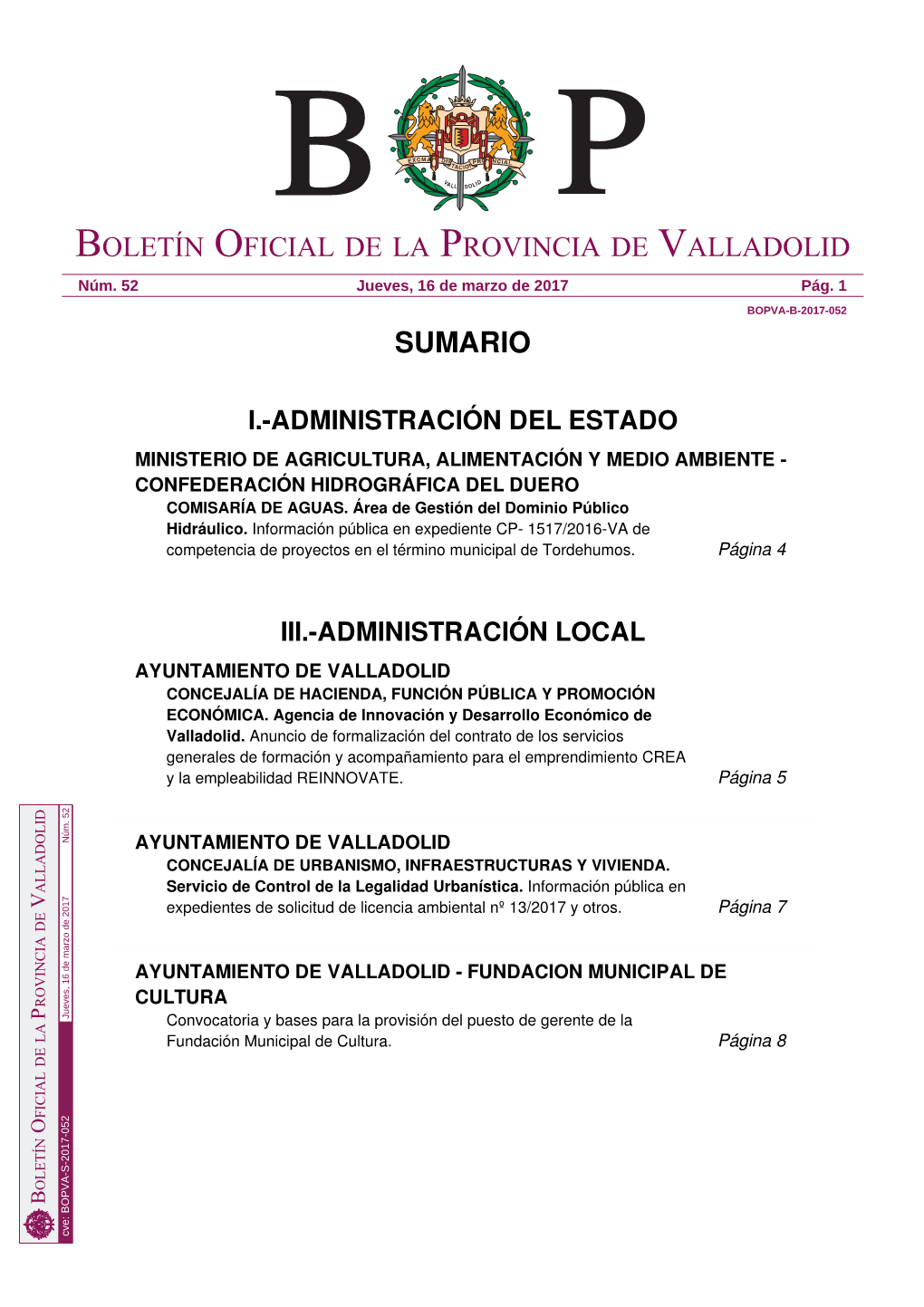 Sumario Boletín Oficial De La Provincia De Valladolid