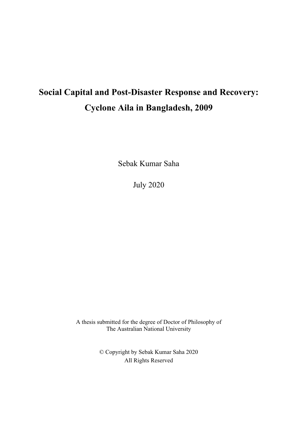 Social Capital and Post-Disaster Response and Recovery: Cyclone Aila in Bangladesh, 2009