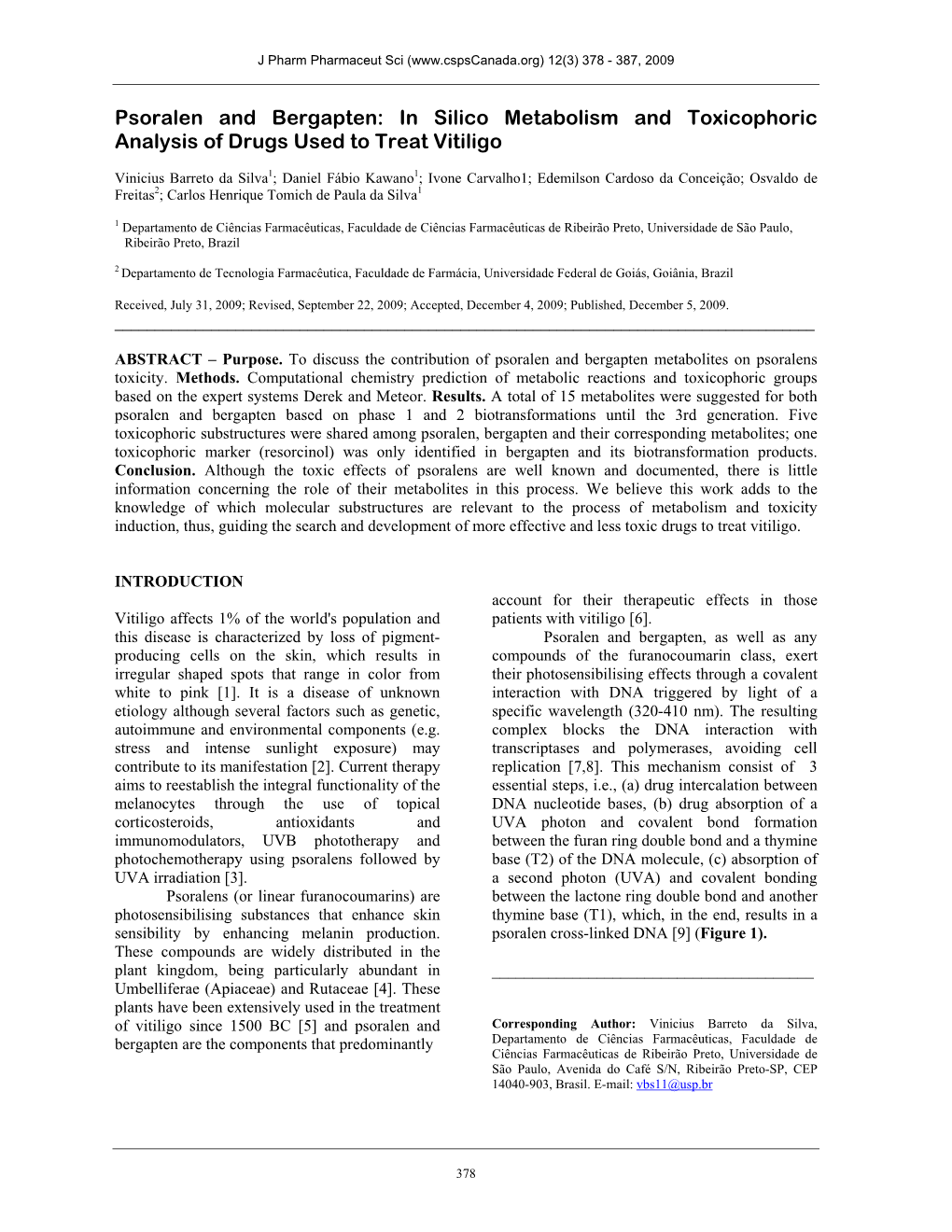 Psoralen and Bergapten: in Silico Metabolism and Toxicophoric Analysis of Drugs Used to Treat Vitiligo