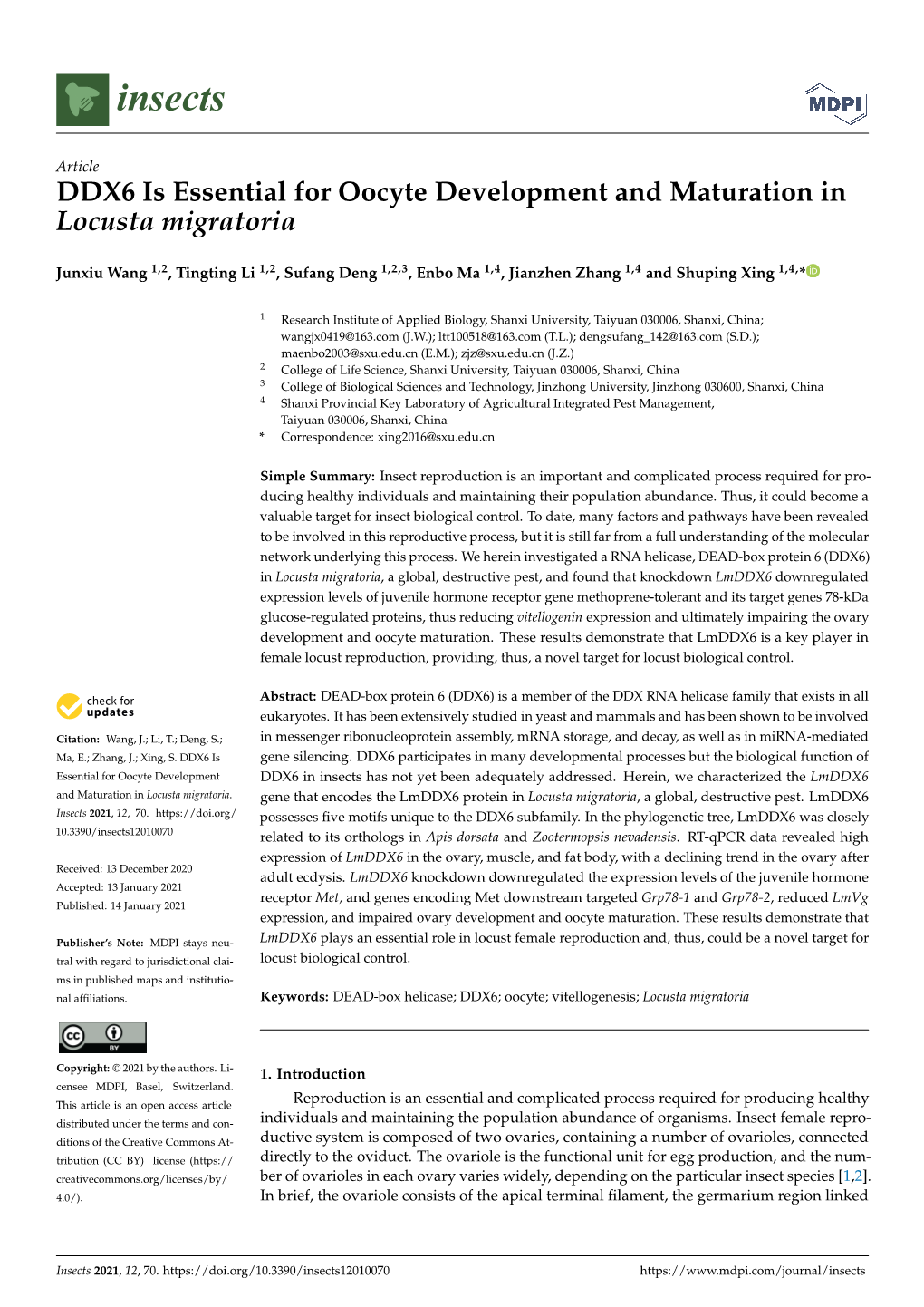 DDX6 Is Essential for Oocyte Development and Maturation in Locusta Migratoria