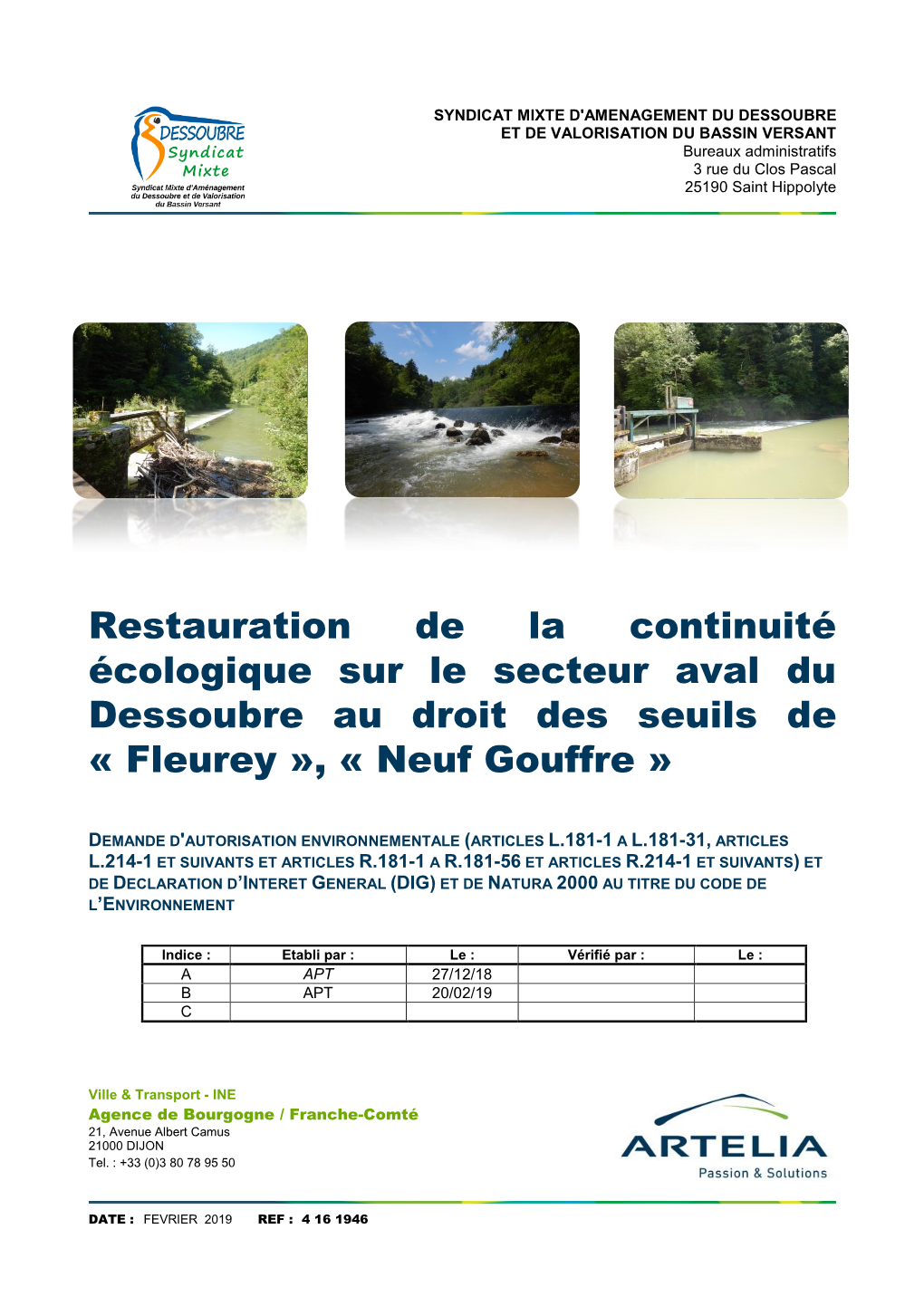 Restauration De La Continuité Écologique Sur Le Secteur Aval Du Dessoubre Au Droit Des Seuils De « Fleurey », « Neuf Gouffre »