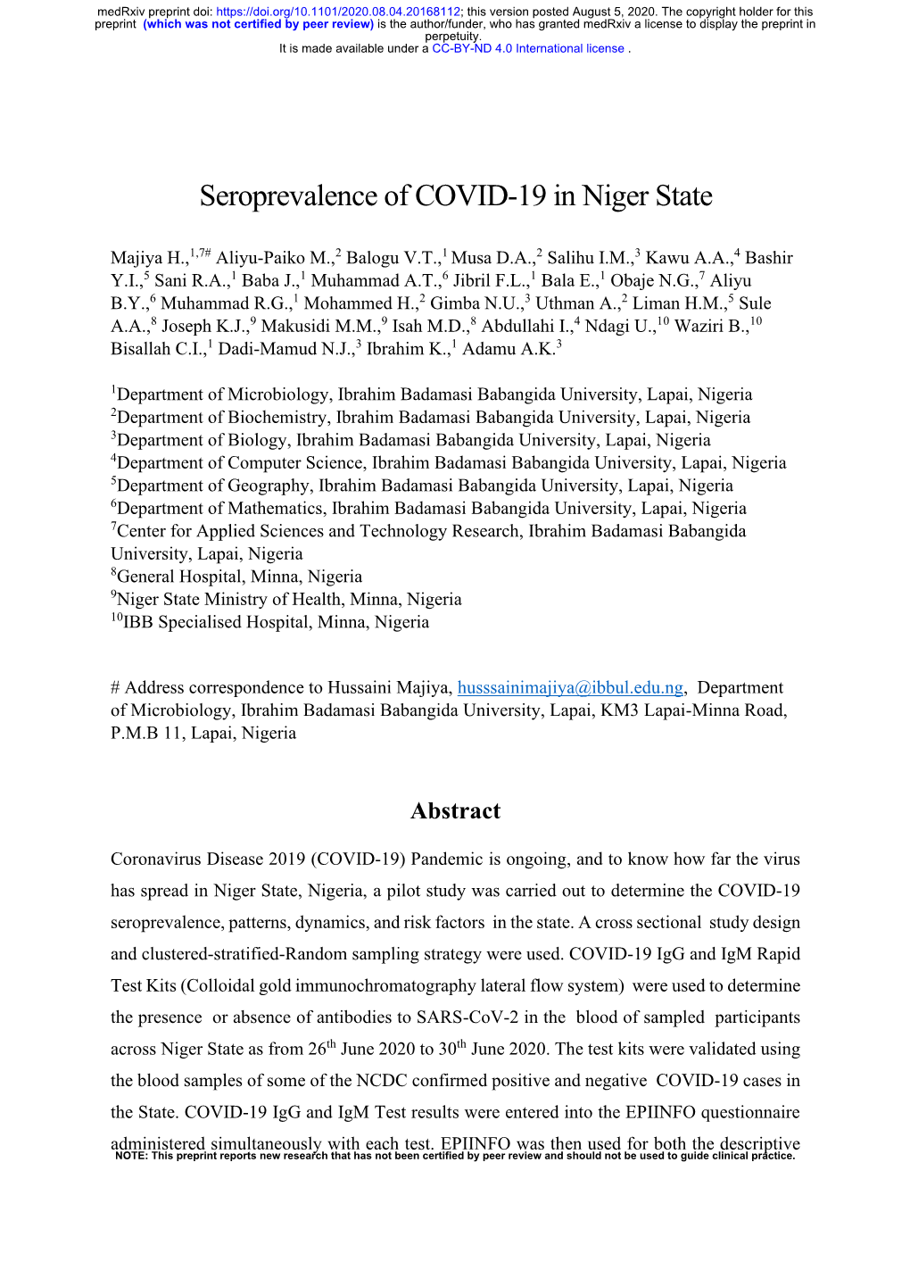 Seroprevalence of COVID-19 in Niger State