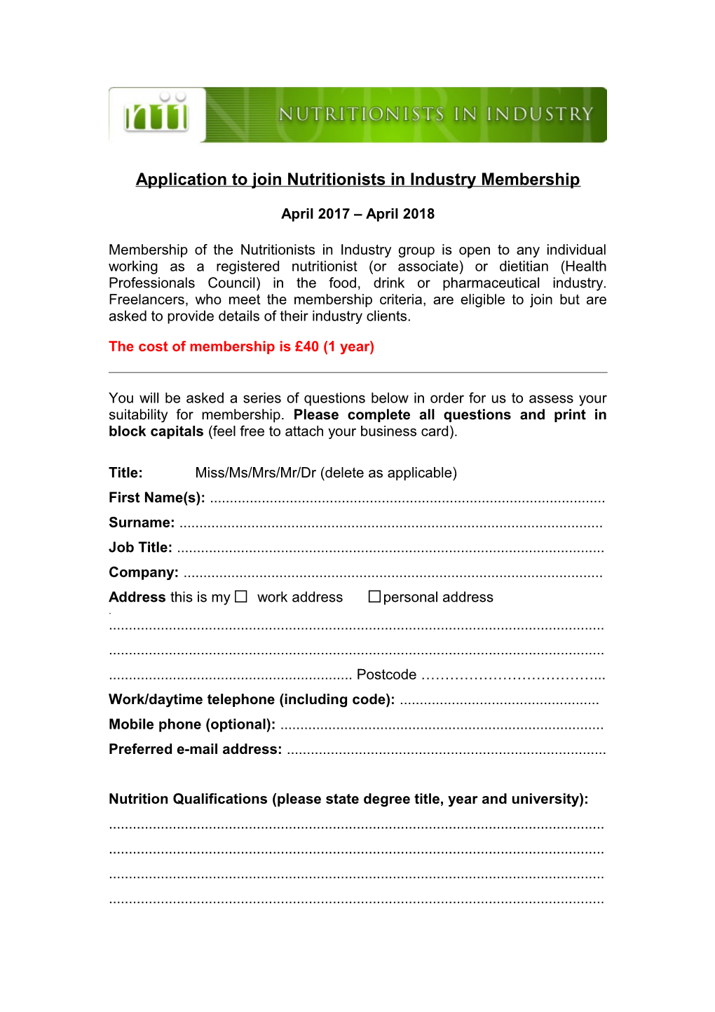 Application to Join Nutritionists in Industry Membership